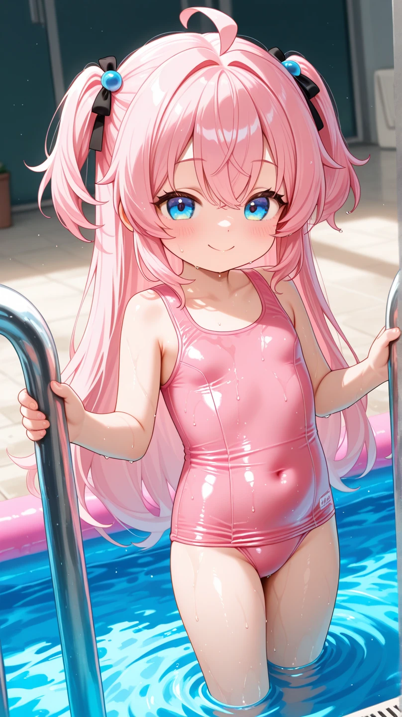 smile、cute、Pink Swimsuit、Big pink eyes、White Reborn、Pink Hair、Twin tails、sporty