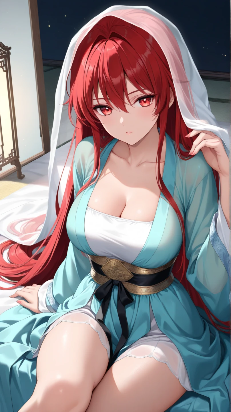 An anime girl lying in bed wearing a red and white outfit., Fascinating anime, Highly detailed art gems, Beautiful and attractive anime woman, Anime Goddess, tits, Trending on cgstation, Detailed anime artwork, 8K high quality, detailed art, Ayaka Genshin Impact, Beautiful and attractive anime teen, Renji Murata and Artgerm, Beautiful and detailed anime art