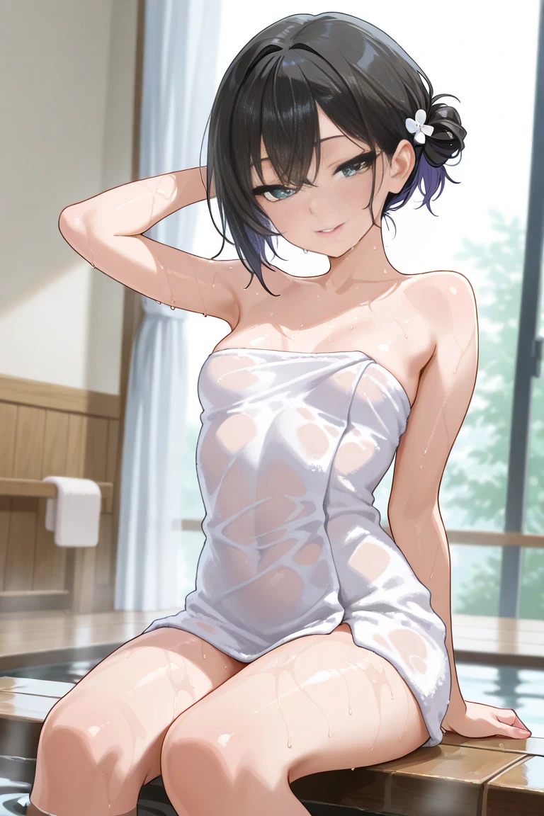 Get wet and out of the shower, Wrap only in a small white towel, Place your hands on your head and fix the bun, No shoes, Long legs, showing thighs, Masterpiece, cinematic shading, cinmatic lighting, photograph realistic, Extremely detailed, photograph realistic, RAW photo, High quality, A high resolution, Sharp focus, Extremely detailed, Cinematic lighting, 8K UHD