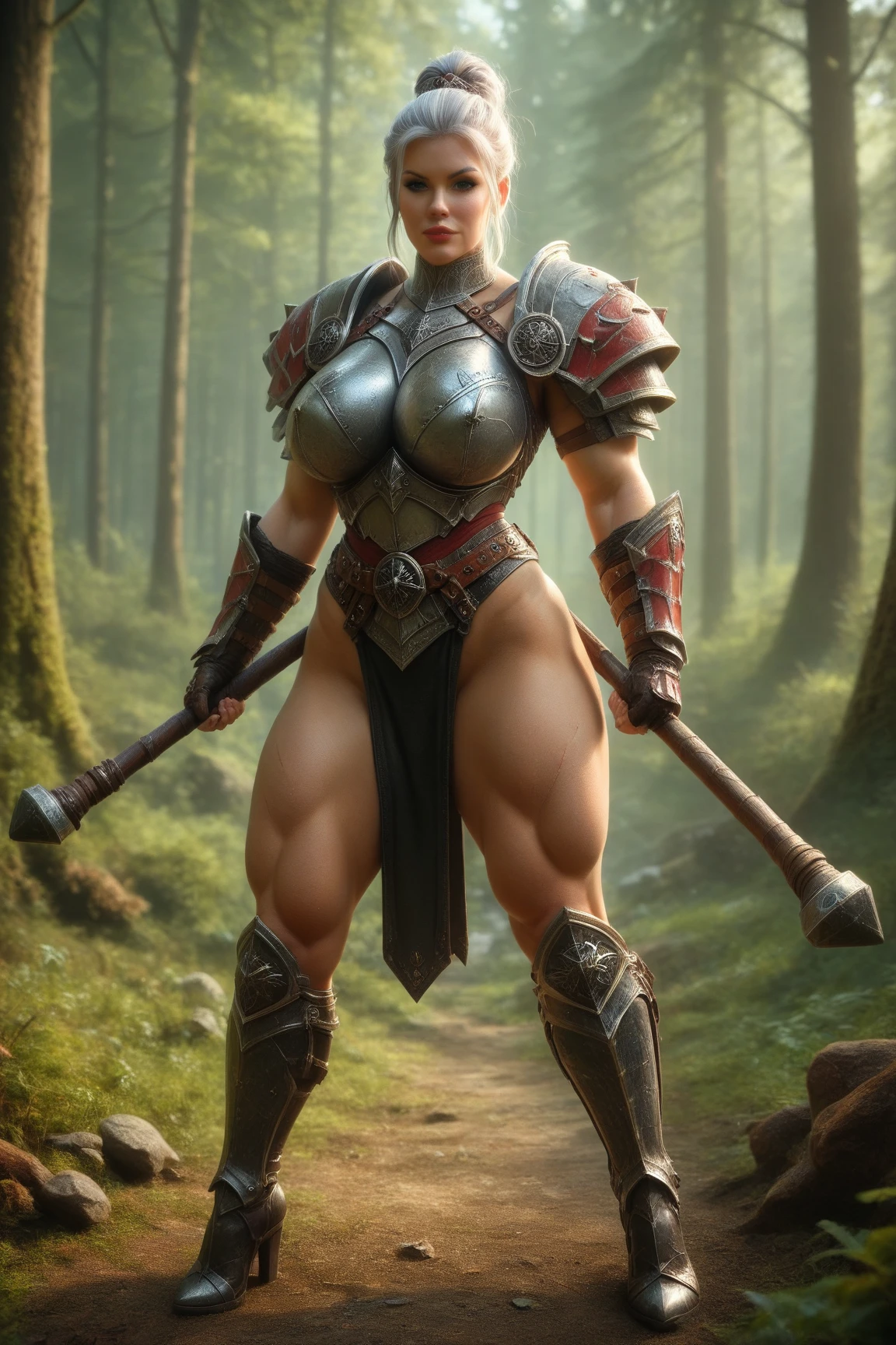Highest quality, rear angle, low level shot, photo of a [Medieval|Fantasy] female knight with (muscular ass), (wearing [Chainmail|Leather] armor, exposed ass), extremely perfect & very very very beautiful face, detailed facial features, looking back at viewer, serious expression, outdoors, in scenic high-fantasy country side woodlands, athletic body, big butt, (detailed skin), intricately detailed, overcast weather, dappled lighting, crepuscular rays, shadow casting, film grain, volumetric fog, photographed on a Canon EOS R3, 105mm F/2.8 VR Macro Lens, HDR, 8k, (sharp focus), cinematic film still from lord of the rings, ass focus, from behind