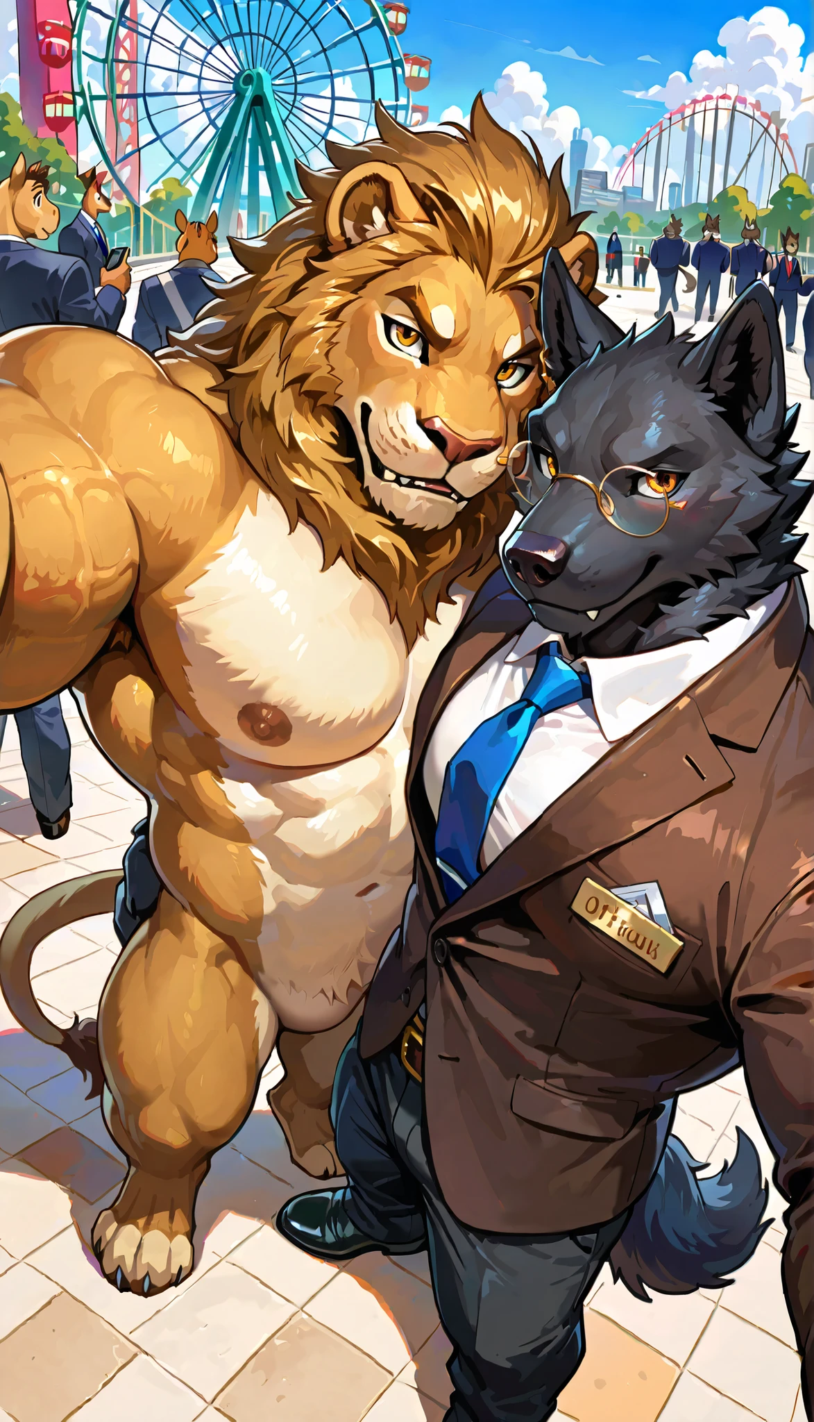 Dyne and Cornelus are boyfriends on a romantic date hanging out at a themepark. Duo, dynamic pose, absurdres(highly detailed beautiful face and eyes)perfect anatomy, (ultra detailed), sharp focus, niji, eyes good, furry, anthro. BREAK, Dyne is a black wolf with red dragon scales that cover his eyebrows and top of muzzle, male, middle-aged, white belly, black fur, high quality illustrations. BREAK, Cornelius is a posh gentleman male furry Lion anthro with a Medium muscular build, lion, brown, light brown lion, feline, long brown pony tail hair, lion ears, wears tiny gold round glasses, sexy, hands, standing, posing, good anatomy, arms, male anatomy, perfect anatomy, perfect body, no defects, hands, 5 fingers, perfect hands, completely perfect body, 4k (Realistic eye details 1.2), wears business suit. Both men are happy, joyful, detailed background, group shot, duo,(Photos taken with friends), (best quality), (masterpiece), high details, award winning, highres, HD, 16k, sit on the top of the ferris wheel at theme park, background is wide view of theme park from above with blue sky clouds, selfie, (far from camera :0.5)