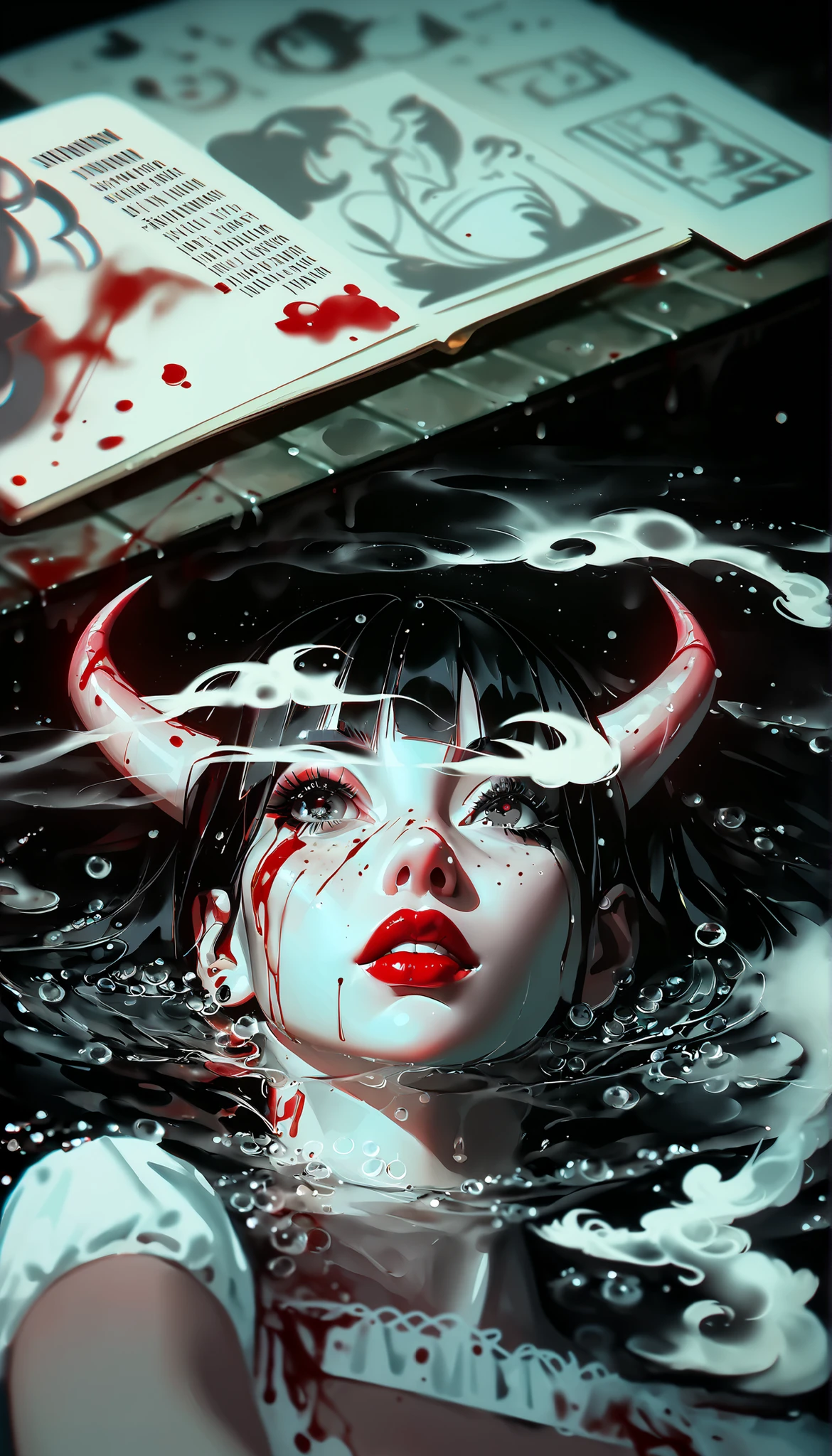 masterpiece,the best quality,NEW ,Absurds,high resolution,(in white on black),black background,white spots,Abstract,drawing with tempera, Artistic,watercolors,stained,shaded on the background,demon woman,Horns,angel wing tunic, ,summary drawing of smoke,imaginary rain,tiles with drops of water,dramatic lighting,cinematic lighting, atmospheric lights, ultra detailed, bloom, dramatic atmosphere, centered, rule of thirds, f/1.4, 6 mm, high angle photo,angel,Floating,bathroom,,blood,red lips