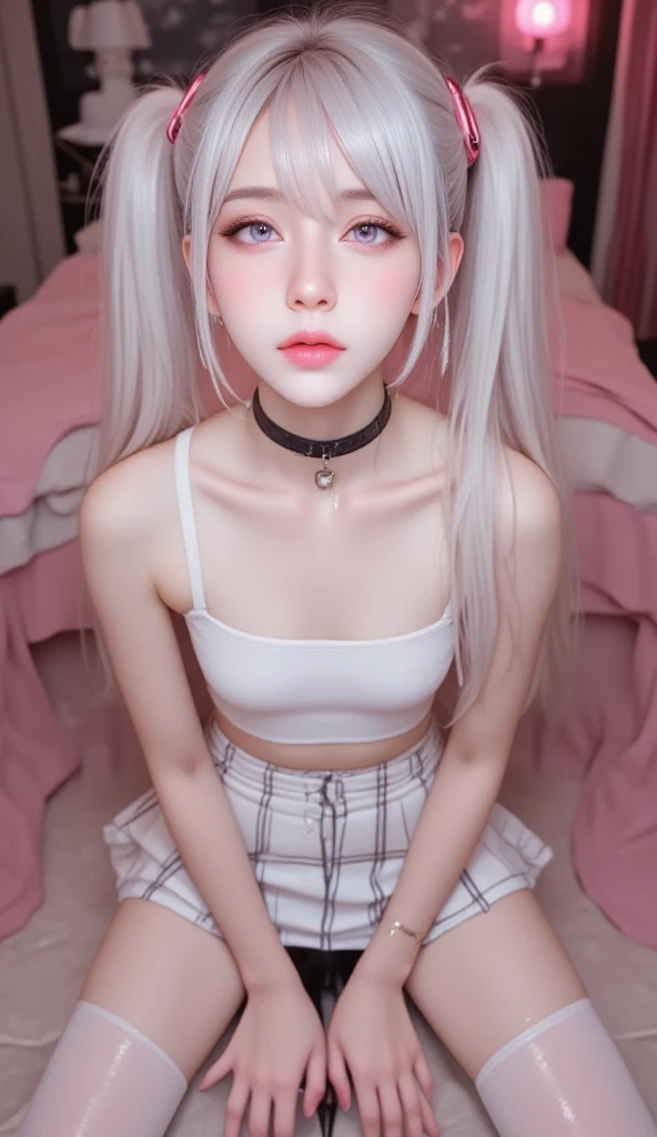 White-only base, Black and gray(Futuristic Nordic city),White Wall Hotel Bed,20 years girl,masutepiece , Best Quality,The best illustrations(Soft texture),Nahida(GenshinImpact) ,very slender body,tiny chest,Skinny Legs,Long hair ,Side Ponytail, Hair Ornament ,Street,White hair , White hair , hand behind head:1.5,multicolored hair, elf ,Skinny Legs,smil,Tsundere,toppless,Sleep in bed