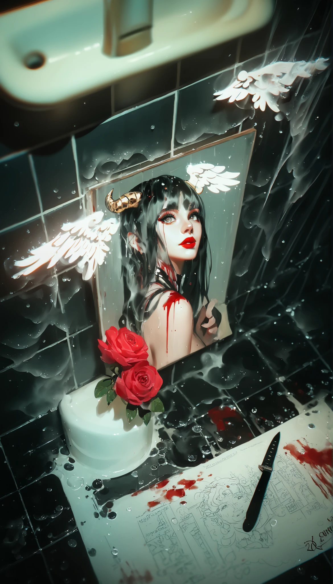 masterpiece,the best quality,NEW ,Absurds,high resolution,(in white on black),black background,white spots,Abstract,drawing with tempera, Artistic,watercolors,stained,shaded on the background,demon woman,Horns,angel wing tunic, ,summary drawing of smoke,imaginary rain,tiles with drops of water,dramatic lighting,cinematic lighting, atmospheric lights, ultra detailed, bloom, dramatic atmosphere, centered, rule of thirds, f/1.4, 6 mm, high angle photo,angel,Floating,bathroom,knife ,blood,red lips,Crime ,crime