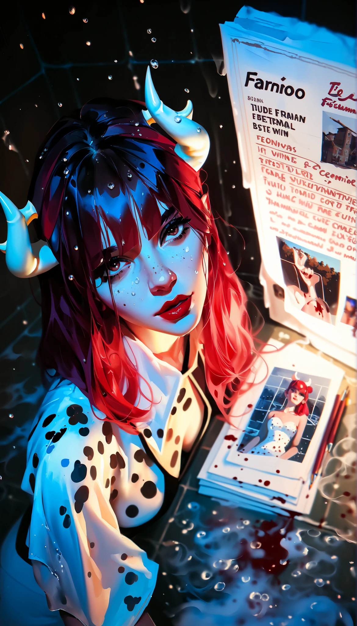 masterpiece,the best quality,NEW ,Absurds,high resolution,(in white on black),black background,white spots,Abstract,drawing with tempera, Artistic,watercolors,stained,shaded on the background,demon woman,Horns,angel wing tunic, ,summary drawing of smoke,imaginary rain,tiles with drops of water,dramatic lighting,cinematic lighting, atmospheric lights, ultra detailed, bloom, dramatic atmosphere, centered, rule of thirds, f/1.4, 6 mm, high angle photo,angel,Floating,bathroom,,blood,red lips