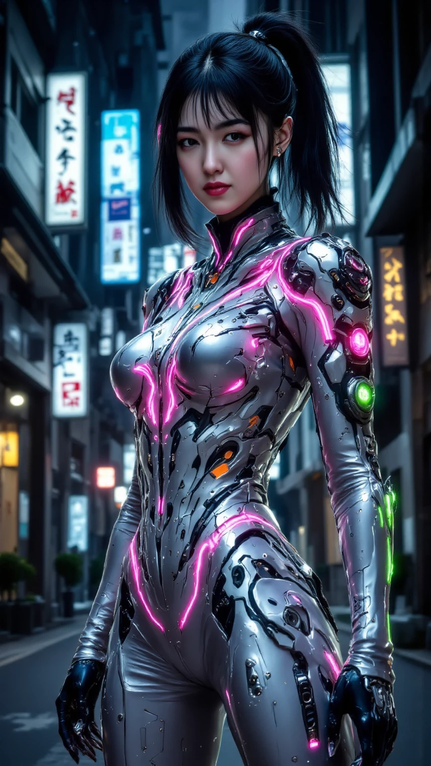 Highest quality, masterpiece, Ultra-high resolution, ((Realistic: 1.4), RAW Photos, 1. Cyberpunk Girl, 14 years old, Black Hair, Glowing Skin, 1. Mechanical Girl, (Ultra-Realistic Details)), Cinema Lighting, Deep Shadow, Octane Rendering, 8K, Super sharp, Metal, Exquisite decorative details, More about Egypt, Very intricate details, Realistic Light, CGSoation Trend, To the camera, Neon Light Details, Mechanical Limbs, Blood vessels connected to tubes, Mechanical vertebrae attached to the back, Mechanical cervical attachment to the neck, Wires and cables connecting to the head, Evangelion, Glowing little light, (A dazzling cyberpunk cityscape in the background).(RAW Photos:1.2)，Camel Toe，Hollow On，Sweat Legs，， Smooth pink skin, shiny Metallic glossy skin, Shiny，Widen the leg shape，Angry expression，Bad mood，Irritated， whole body，whole bodyのような