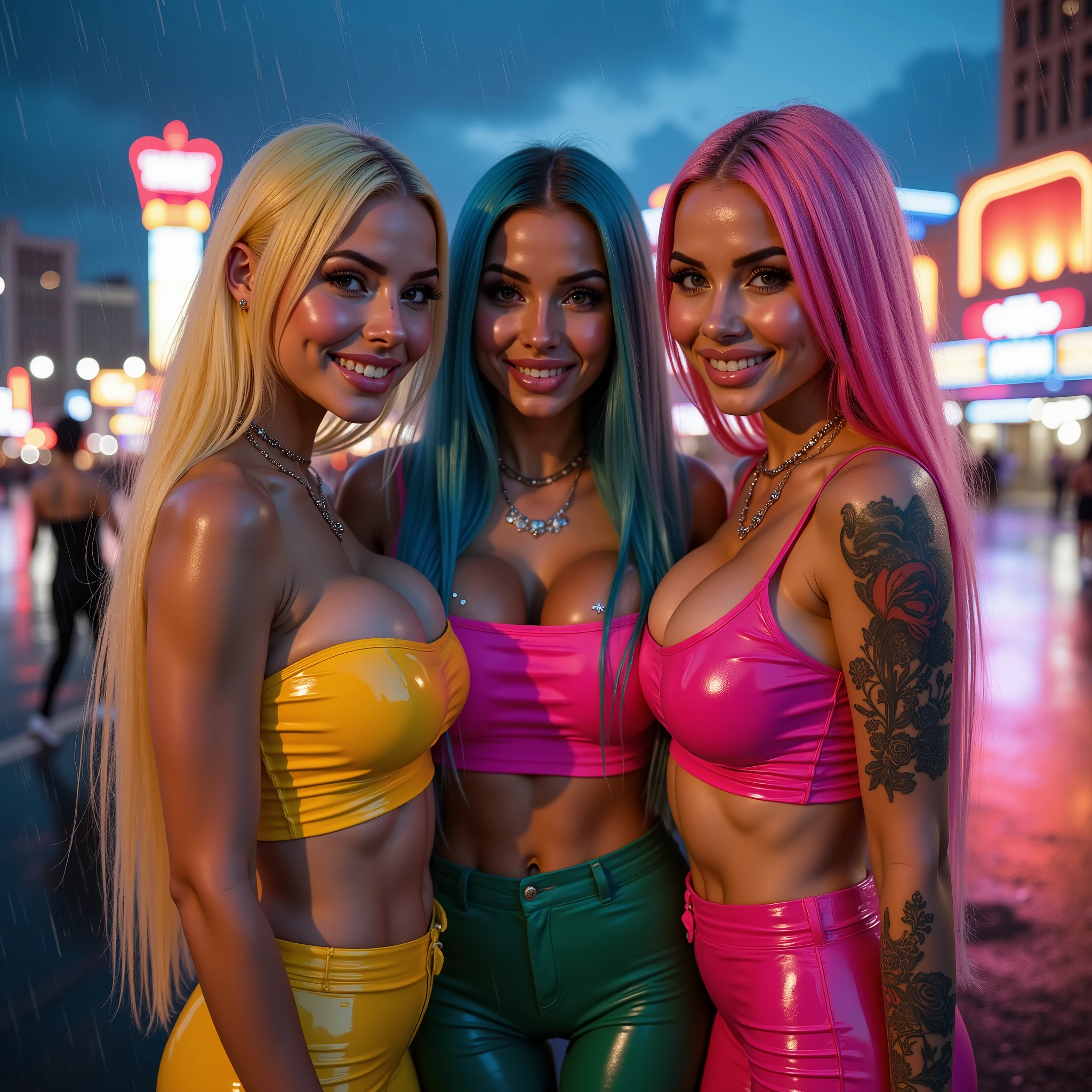 (masterpiece, perfect eyes, photorealistic, intricate details, hi-res, 8k) portrait of 4 girls standing in bar, soft even lighting, 20 years old, beautiful women, jessica nigri and sophie mudd and august ames, looking at viewer, full body view, pink hair, blue hair, piercing blue eyes, tight shirt, short dress, boots,  stockings, cleavage, medium perky breasts, big hips, sexy pose, holding hands, showing off big ass