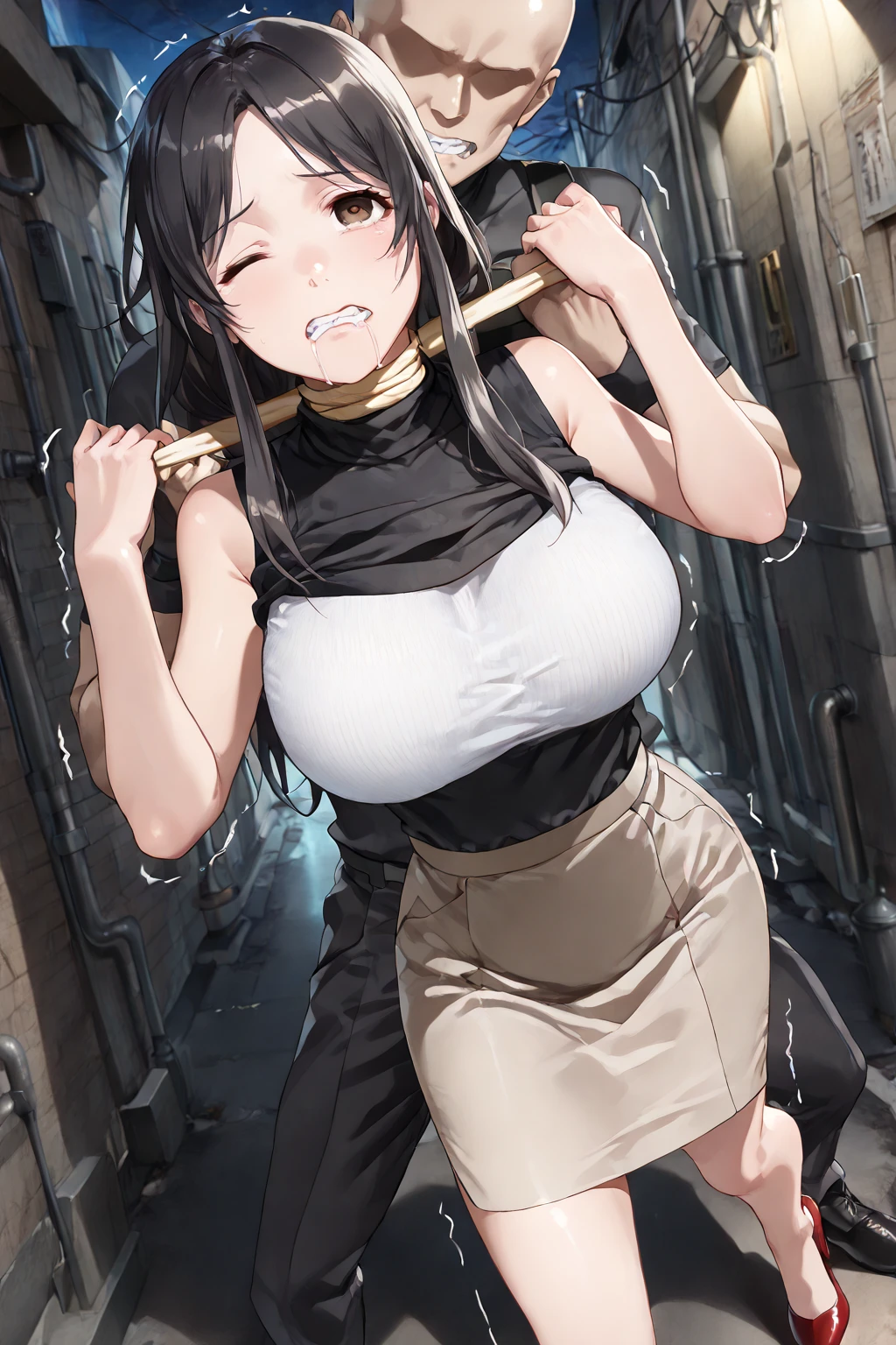 25 year old girl, Italian features, long loose black hair, super mega gigantic breasts, white shirt untied and torn, black miniskirt, in a dungeon, tied to a horror movie torture chair, her arms are tied to the armrests of the chair she is wearing a slave collar