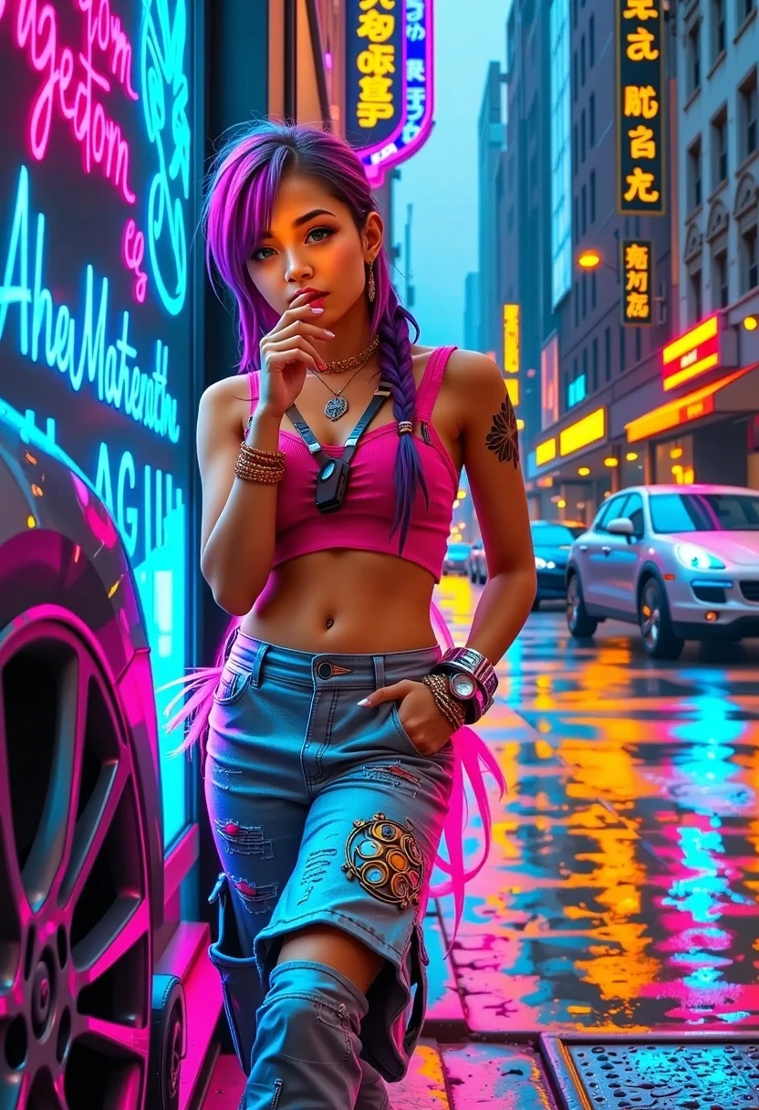 Single, wet iridescent gradient hair, long hair tied in one, wet white tank top, pink earrings on navel, black shorts, realistic: 1.4, sexy, fair-skinned beauty, background neon street
