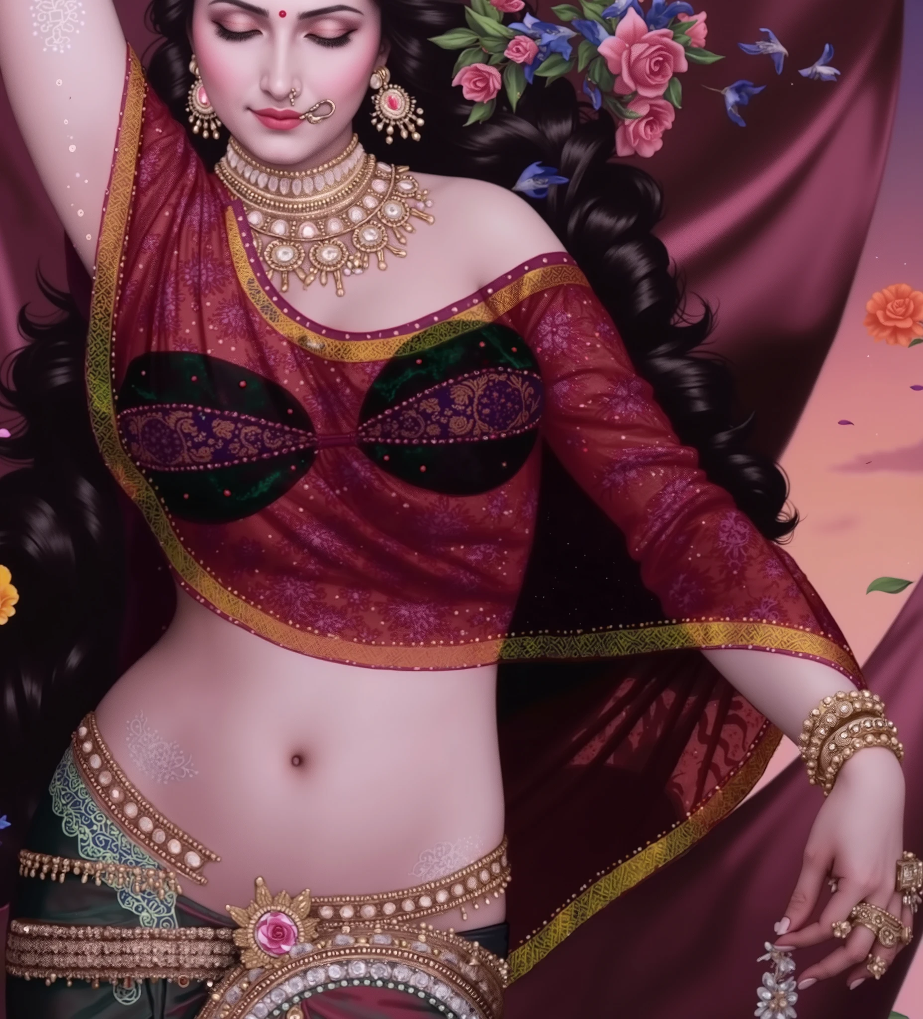 A beautiful Indian woman depicted in a classical yet sensual pose, inspired by Raja Ravi Varma's aesthetics blended with digital realism. She raises one arm gracefully above her head, her expression serene and divine, eyes closed in blissful elegance. Her long, dark wavy hair cascades behind her, adorned with colorful fresh flowers—roses, lilies, and marigolds. She wears a deep wine-colored, semi-transparent silk blouse (choli), artfully draped to reveal a richly embroidered green and maroon traditional bra with golden chains delicately hanging down. The blouse is tight-fitting, textured with intricate gold threadwork above the blouse a transparent fabric covering her chest. Her skin glows with a soft, luminous sheen, delicately decorated with fine, henna-like shimmer patterns on her belly and arms. She wears elaborate South Indian temple jewelry: layered golden necklaces with intricate filigree, large circular earrings, a nath (nose ring), armlets, and bangles. A thin gold kamarbandh (waist chain) encircles her bare waist. The lower part of her saree, in muted teal and gold brocade, flows gracefully off-frame. The background is a romantic twilight gradient of dusky pinks and purples, with flowing maroon fabric and scattered flower petals suspended in air, creating a dreamy, ethereal ambiance