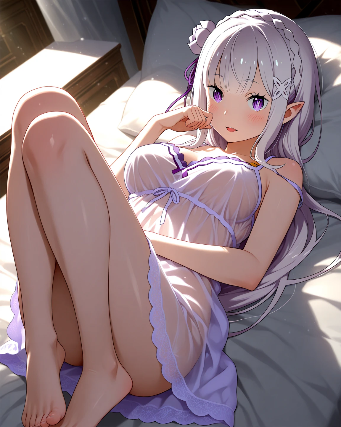 Elf, Silver Hair, At the bed, Lying down, Spread your legs
