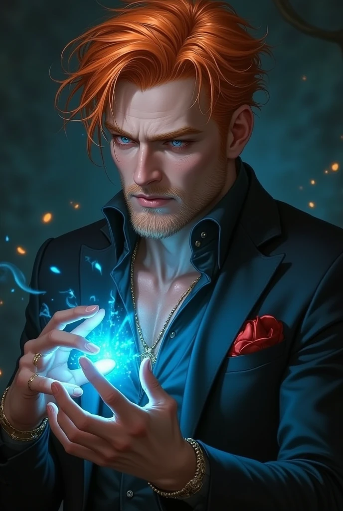 masculine, masterpiece, Hyperrealistic image of a sexy 30-year-old albino man., redhead, wearing glamorous white sorcerer&#39;s robes, exposed chest, hombre en Stupid, Stupid, seductive pose, magical glowing arcane sigils, a hand holds a green flame, looking directly at camera, Cheek Smile, Very detailed, intricate details, sharp focus, dynamic lighting, dynamic shadows, without watermark
