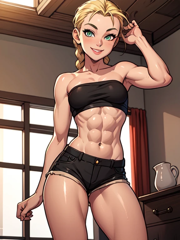 portrait photoshoot, platinum blonde bbardot , short hair, bbardot as solo fitness model, toned, large breast, wearing (((black seamless strapless tube bandeau bra top))), (((underboob))), torso shot, muscular, looking at viewer, smiling , blank background