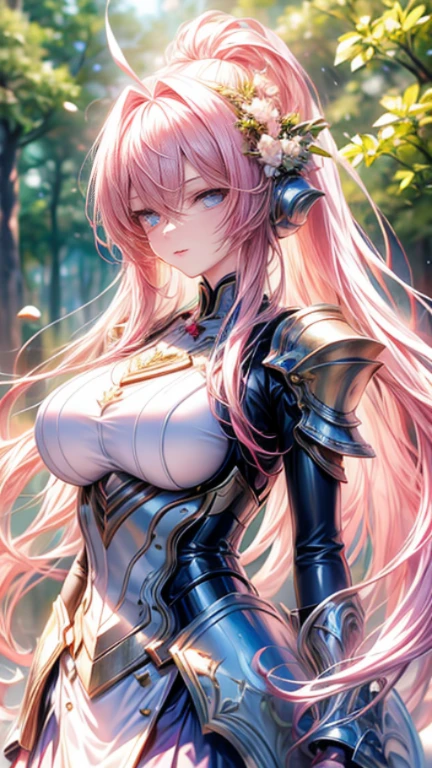 (top-quality: 1.3)、(masterpiece: 1.3)、(The ultra-detailliert: 1.3)、(wall-paper, one girls)、Knights、(Perfect and beautiful pink leotard:1.3)、(full armor:1.3)、(Pink hair:1.3)、Longhaire、straight haired、(Beautiful Large Breasts:1.3)、borgar、castle town、ssmile、sexypose、Sit up