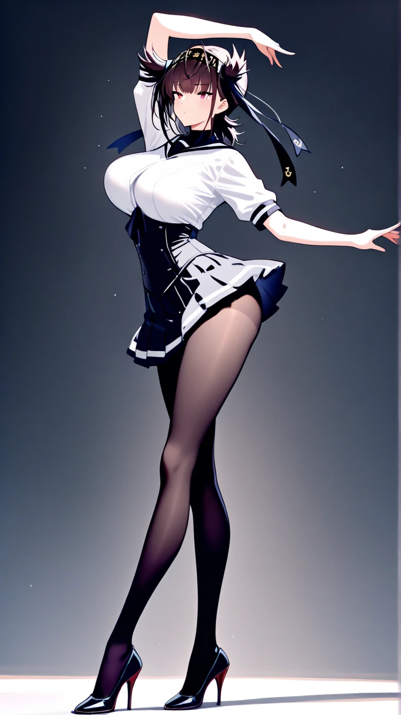 absurdres, RAW photo, extremely delicate and beautiful, masterpiece, Best Quality, ultra high resolution, 32k, hyperrealistic, ultra-detailed, in her 20s, very Slim body, narrow waist, very small head, very small face, delicate facial features, tearful mole, earring, very huge round breasts, ((full body shot)), medium hair, black hair, ((school_uniform)),