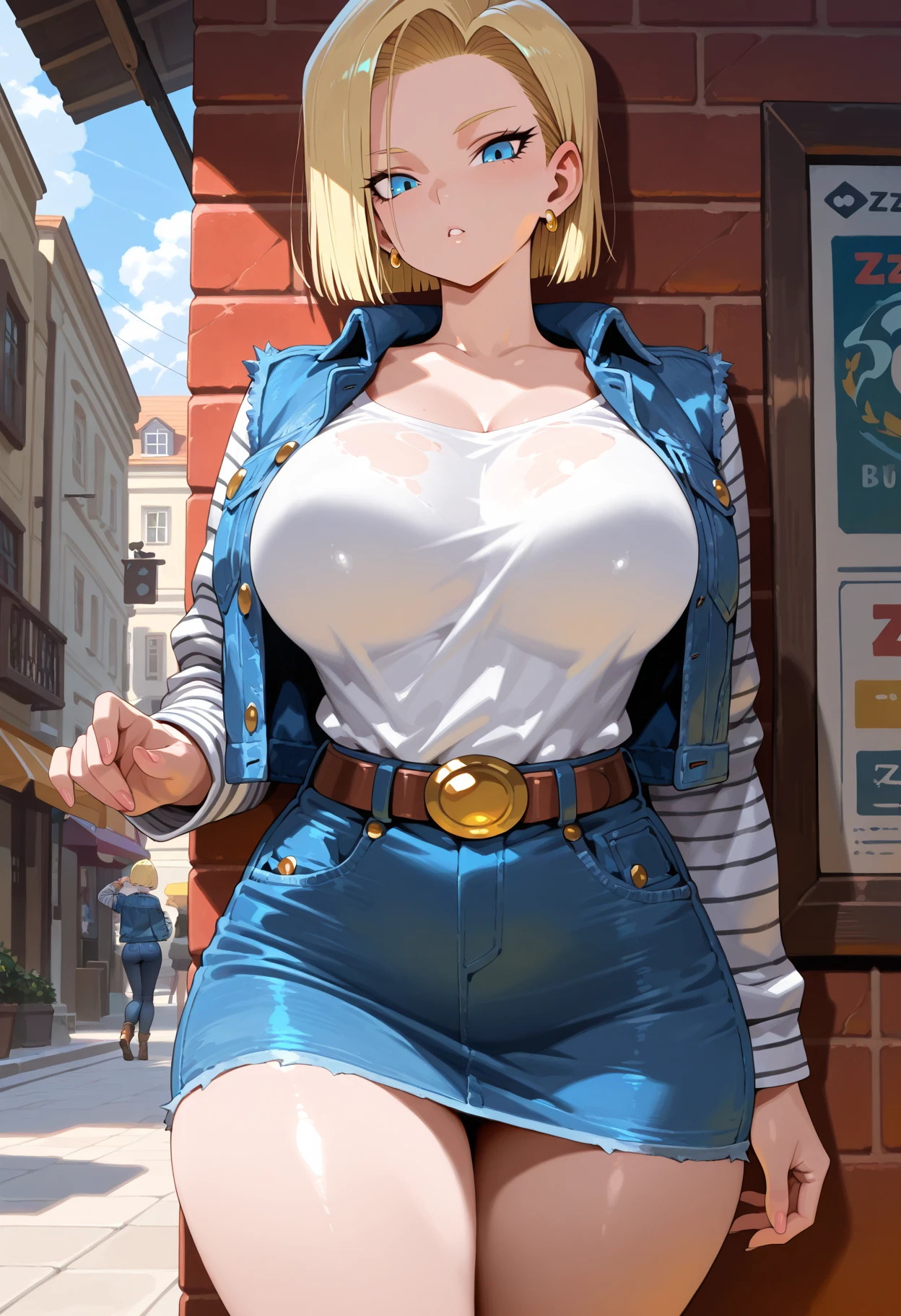 best quality, high-res, and18, 1girl, android 18, solo, blonde hair, blue eyes, belt, tight blue demin skirt, gold necklace, black shirt, short hair, long sleeves, striped sleeves, earrings, open vest, blue denim vest, massive fat breasts, cowboy shot, city park, full length pantyhose, very wide hips, torn clothes, sultry smile, very deep cleavage, massive wide fat round ass, big chubby belly, sexy very curvy very chubby very motherly body, slight blushing, bedroom eyes, from behind, looking back,