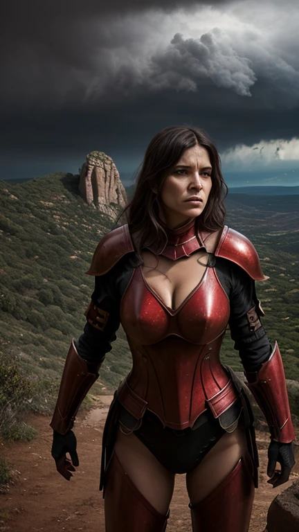 (ultra realistic, 32k, masterpiece), (highly detailed skin), (high quality), (bored:1.1) solo, breasts, makeup, lipstick, lips, beautiful eyes, black hair, curves, toned, cape , helmet, armor, red cape, gloves, superhero, fishnet stockings, yellow gloves, shoulder armor, belt, cuirass, golden armor, horns, short skirt, whispering waterfalls, cascading water, enchanting echoes, blurred background of hidden caves : 1.1, (looking at viewer), (portrait: 1.1), (small breasts, beautiful breasts), penis peeking out from her crotch, (lighting: 1.1),