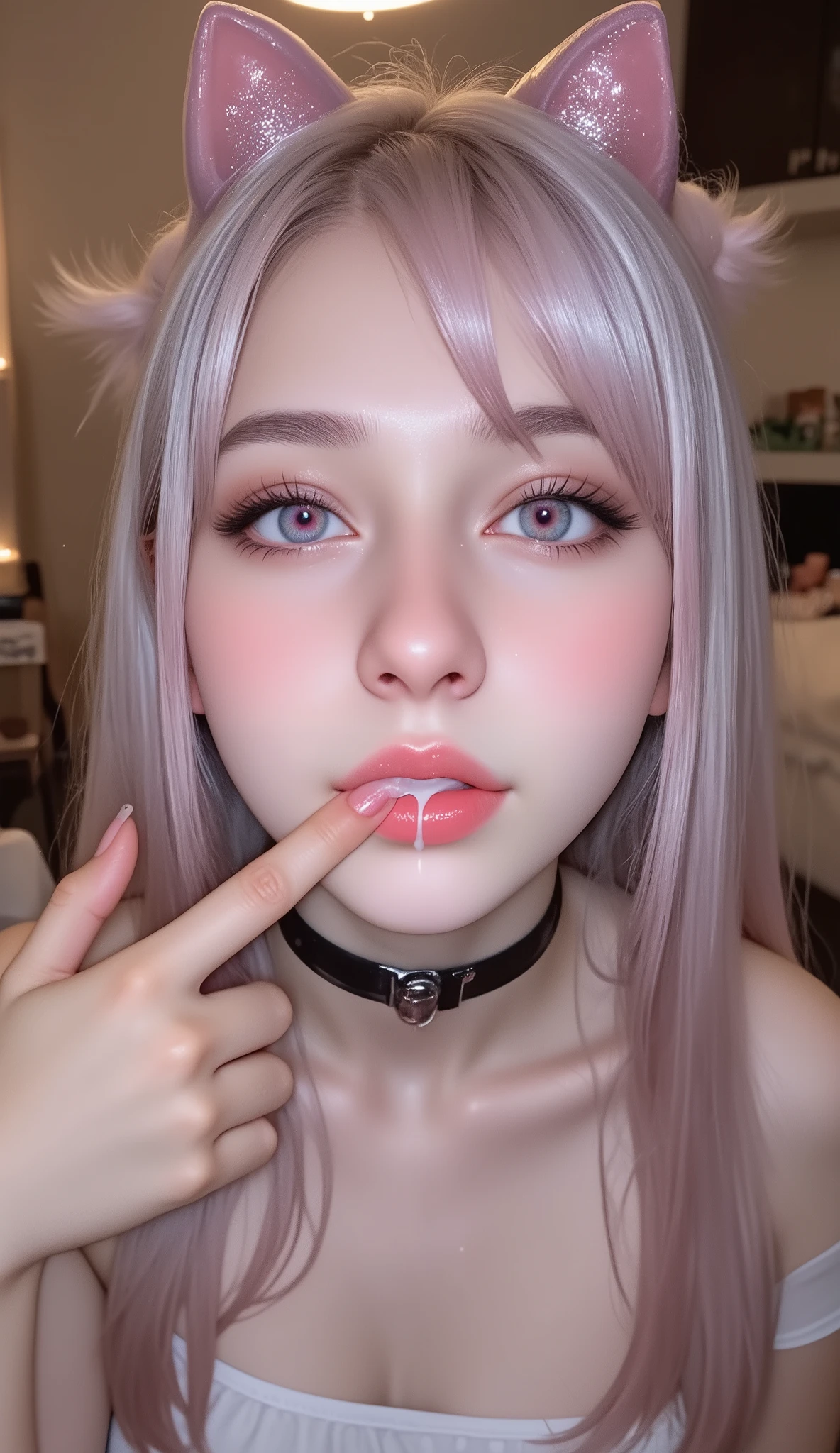 1girl, (sticking out her tongue out), (tongue), ultra high res, photorealistic, best quality, 8k resolution, masterpiece, cat ears, choker, garter belt, garter straps, latex, competitive swimsuit, tank top, close up face view, (ahegao), kneeling, oh face, Open your mouth wide, Stick out your tongue to receive, One hand in your mouth, ???????, (White sperm on your face), Face up, Shoot from above, (White sperm dripping from your mouth), Tongue sticking out, (White sperm accumulation on the tongue), ecstatic look, a large amount of white sperm in the mouth, holding a very thick brown sausage in your hand, Sucking very thick brown sausage, cheeking very thick brown sausage, a large amount of white sperm from the tip of a very thick brown frankfurter, white sperm on the chest, delicate fingertips, complicated fingertips, sucking a thick brown mountain jaw to the back of the throat white sperm leaking from the gap, water discharge from the crotch, a large amount of sperm all over the body, a large amount of vaginal shot, nsfw, eyes roll back, eyes up, megumin