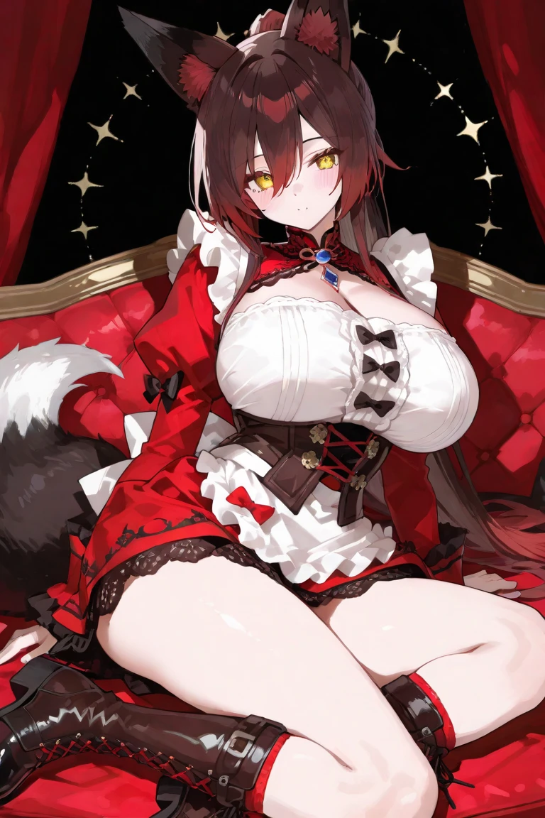 Anime girl with red hair and black stockings sitting on a red carpet, seductive anime girl, teasing smile, Lewd, Rias Gremory, Pure, Top ratings on pixiv, dick, pixiv 3dcg, from Girls at the front, | Anime with fine details, Ecchi, fine details. Girls at the front, 2 b, 2b, sweating