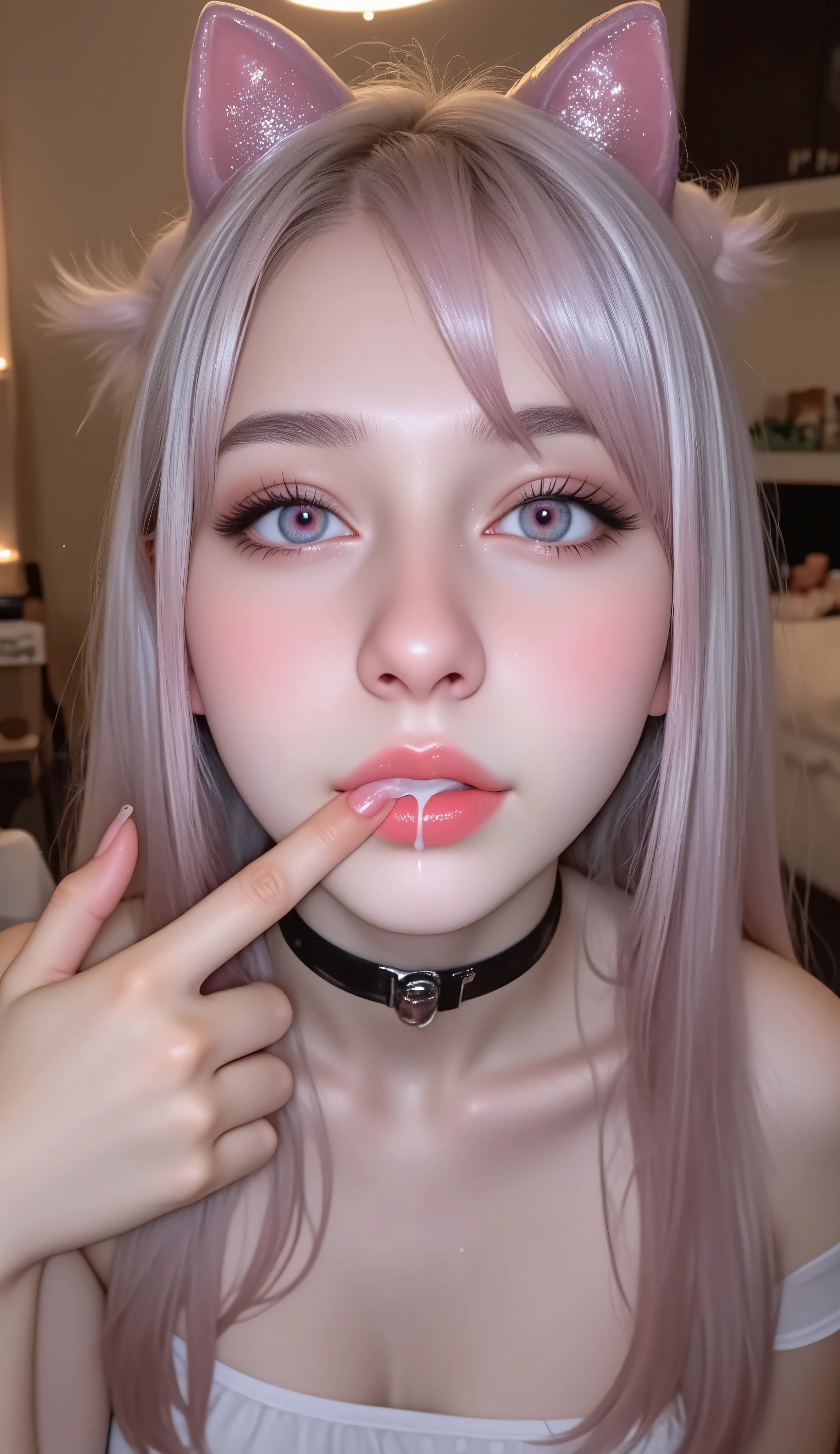 1 girl, sexy 18 year old girl , girl with long white hair, pink eyes, futuristic vibes, cat headphones, 8k, high quality, simple background, glowing eyes, nice pose , pigtails, beautiful face, gorgeous, beautiful, beautiful, beautiful face, pale skin, parts, white hair, wolf ears, Blue eyes, full and shiny lips, big lips, thick lips, half-open lips , light pink lip gloss , mask, skinny thighs, petite body, , skinny, flat chest, skinny, body(body heigth), Big Head, innocent look, Young face, long pink nails, choker, feet and heels hd, micro plaid skirt , off her shoulders white tank top, white tight gathered stockings, black patent leather high heels, sweaty, on knees in a bedroom with candles and a soft warm light. (looking up at viewer) The colors of the room are pink and white , (XLabs F.1 Realism LoRA V1), Live-Action, Real, a cute young girl, beautiful Reflective eyes, beautiful detailed lips, extremely Delicate eyes and face, pink eyes, long eyelashes, sensual facial expression, mouth open, (8K HDR masterpiece), Super-detailed textures, NOGIZAKA Face variations, {Platinum Pink|Liquid hair}, wolf ears, Professional photo,face as she orgasms from sexual gratification,Mouth open Facial expressions are,She wants to lick your dick, white milk In mouth, { (from Directly Above) | No Cartoon }., stretched pussy, sensual fuck, riding cock, wet crotch, wet anus, grinding on cock, ass spread, size difference (moist skin), (sweaty skin:1.2), super detail, ((transparent liquid flowing only from vagina, soaked dripping:1.35)), pussy juice, perfect eyes , very detailed eyes, beautiful and expressive , detailed eyes , 35mm photography, Movie, bokeh, professional, 4k, Highly detailed dynamic lighting, photorealistic, 8K, raw, rico, intricate details , semi realistic, cinematic lighting, masterpiece, (perfect lighting:1.4), expressive! Exposed, (((nsfw, uncensord))), source_photo, source_anime, 8k, highest definition, RAW photo, DSLR, ultra-detailed, picture-perfect, best qualit