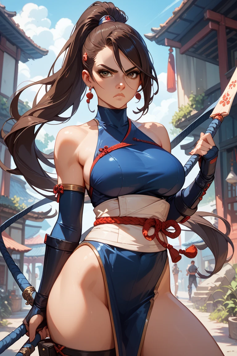 Realistic images、Hanfu、Kung Fu、Shaolin Temple、Mountain background、Cobblestones、Kick、Toned body、Carefree breasts、Cleavage、Long black hair with braids、Realistic 8K high quality、Masterpiece、AI’s masterpiece