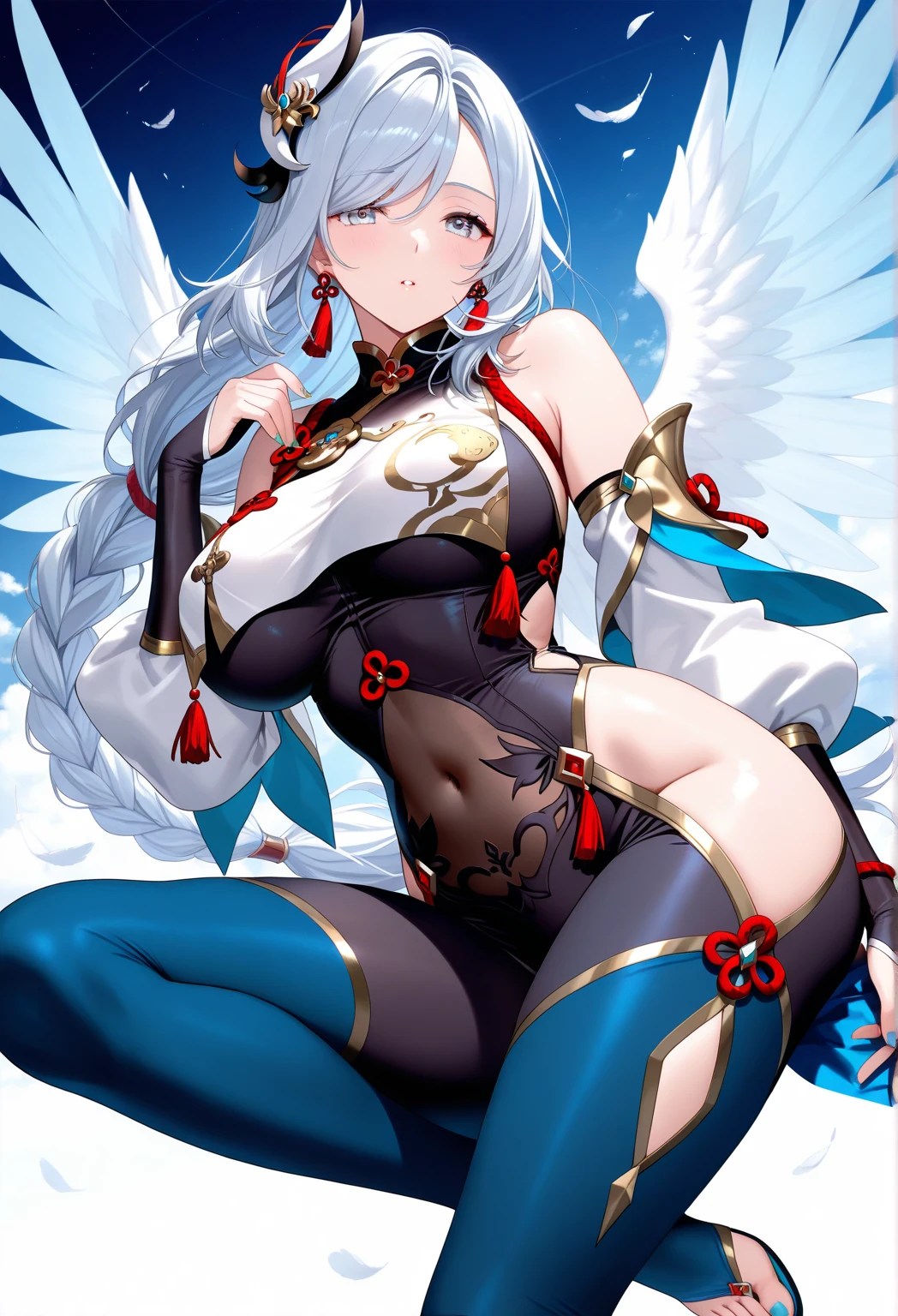 ultra-detailed, Explicit, Beautiful body, Beautiful Nose, Beautiful character design, perfect eyes, perfect face, ultra highres, 4K, beautiful legs, perfect legs, Nice hands, Perfect hand, Masterpiece, Best Quality, Highly detailed, illustration, absurdres, perfect anatomy, street fighter, doll suit, shadaloo doll, dollsuit, expressionless, blank eyes, looking at viewer, red gloves, emotionless, black latex, corrution, mind control, female combatant, full body, hypnotized, unhappy trance, full body suit, ribbed bodysuit, both arms at side, obey, perfect female body, extremely glossy latex, hypnosis, hypnoLora, empty eyes, Mind control device, poses, submissive_pose, Slave, hat, necktie, stand up straight, standing, standing at attention, hat, necktie, belt, latex, ribbed bodysuit, thighhighs, garter belt, Fighting Stance, extending the right arm from the shoulder into the air with a straightened hand, military, thigh boots, 1girl, Lenneth, Valkyrie Profile, long hair, white hair, blue eyes, hair ornaments, valkyrie, feather wings
