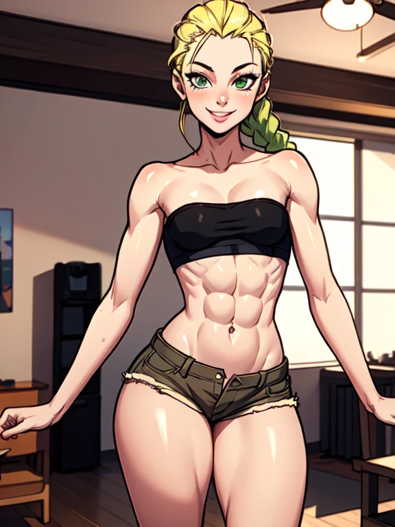 a small chested girl with muscular body,tan,faint six pack,wide hips,thick thighs,blonde hair,green eyes,plain background,Gothic makeup,black hoodie,gym shorts,lip piercings,ear piercings,belly button piercing,pierced nipples,smiling,heavy blush,pigtails