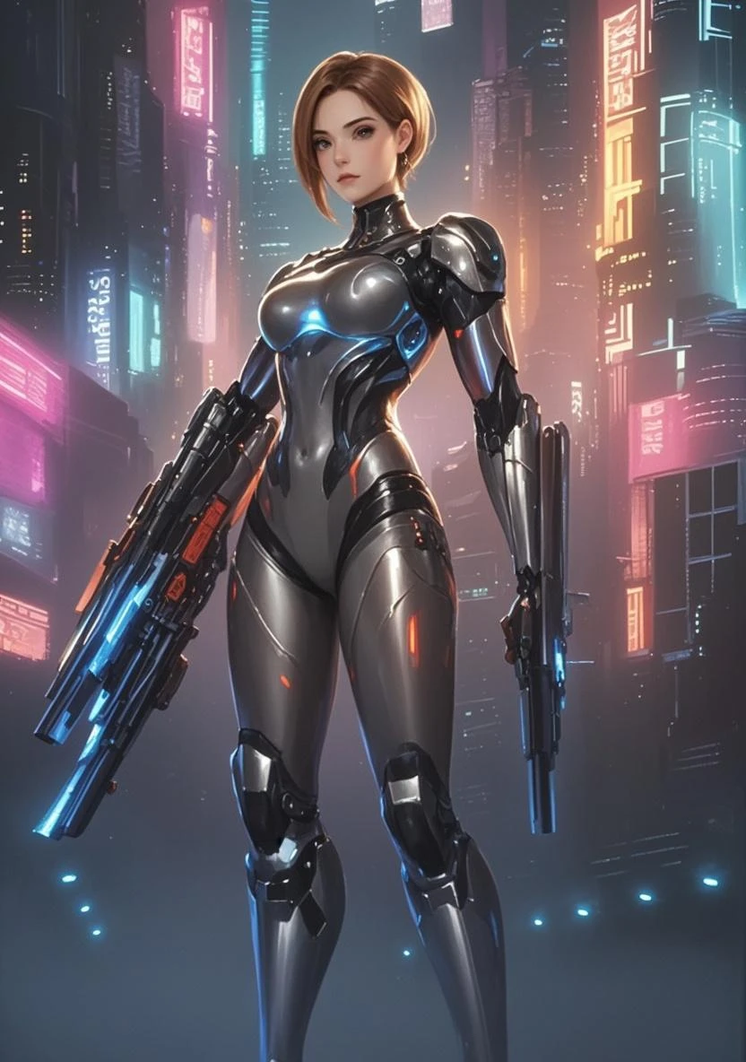 ((full body):1.5), {(Princess Zelda)}, {(((wearing black mecha costume with white parts extremely tight on her body)), ((extremely large breasts)), ((short brown hair, eyes blue)), is looking at the viewer, smiling, ((doing erotic pose)) holding futuristic weapons), (background: destroyed city, ((raining heavily))))},16k, high quality, high detail, UHD