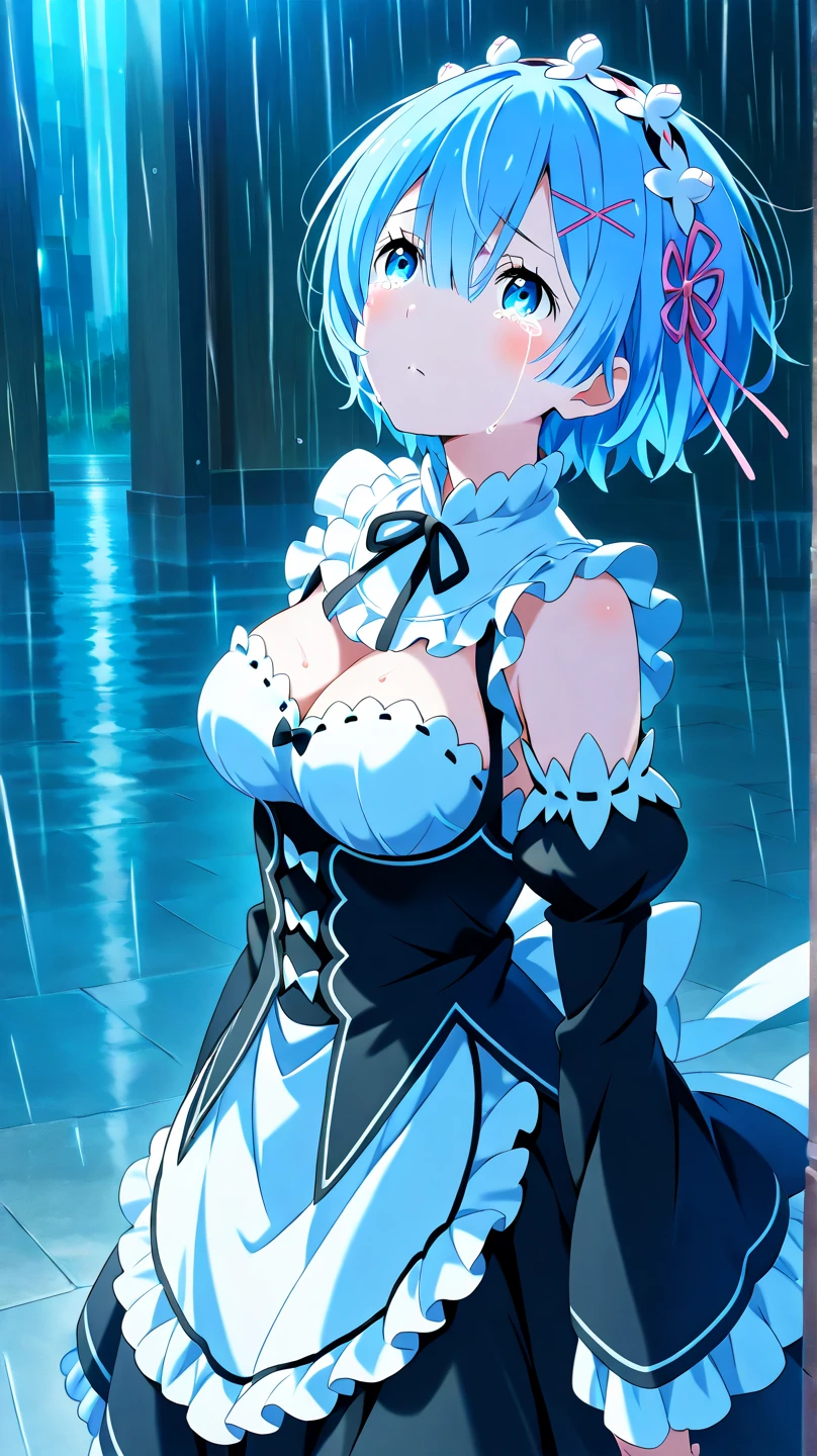 hdr, soft light, ((best quality)), ((masterpiece)), (detailed), remrin, (hair over one eye:1.1),big blue eyes, horny face,skinny fit,small breast, wet transparent blouse,showing panties, pantyhose, park,trees,grass,rain, in middle,from behind
