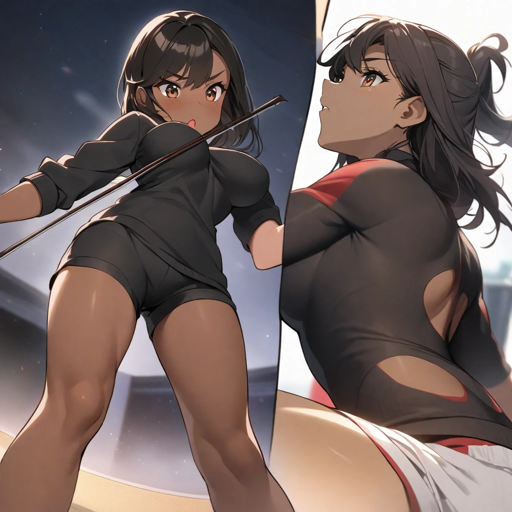 (flat chest), (masterpiece:1.2), highest quality, High resolution, unity 8k wallpaper, (fine and beautiful eyes:1.6), highly detailed face, perfect lighting, Detailed CG, (perfect hands, perfect anatomy), (1 feminine male:1.4), 20 years old,( black hair:1.3), extremely beautiful detailfeminine face and eyes, (grin smile), detailed eyes, best quality,( dark skin:1.8), extremely detailed, very precise detailed,(glasses:1.3), blunt bangs, open mouth, (very short pixie cut:1.2), (geta:1.2),(fingerless gloves:1.5), half closed eyes,long sidelocks,(long red Scarf:1.3),(sleeveless yukata), (kick:1.5),