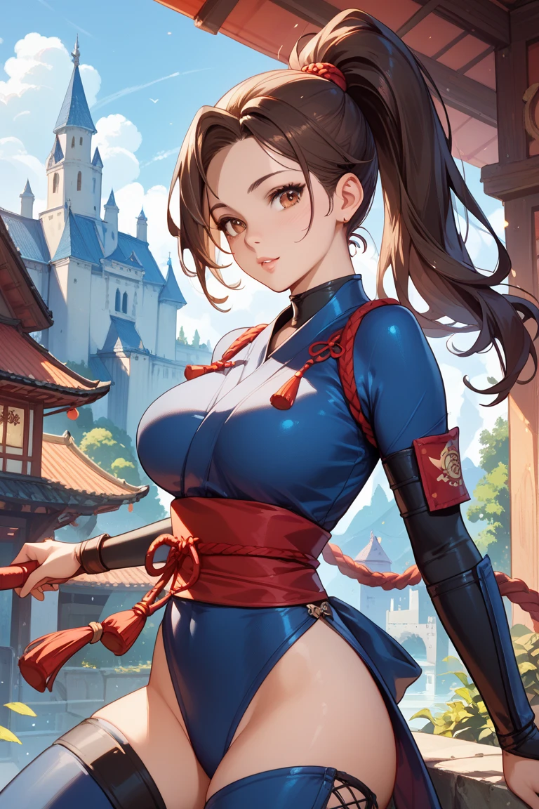 (masterpiece, best quality, ultra detailed, beautiful illustration), atmospheric perspective, depth of field, looking at viewer, beautiful detailed eyes, anime eyes:1.4, (cowboy shot), dynamic pose, dynamic angle, (outdoors, river, rafts, blue sky, clouds), 1girl, smile, :d, (huge breasts:1.1), <lora:Lun:0.9>, brown hair, brown eyes. thick eyebrows, blue vest, black tigh shorts, chest bandages, bandana, hair sidebuns, anklet, red obi, harpoon, holding, weapon, holding weapon