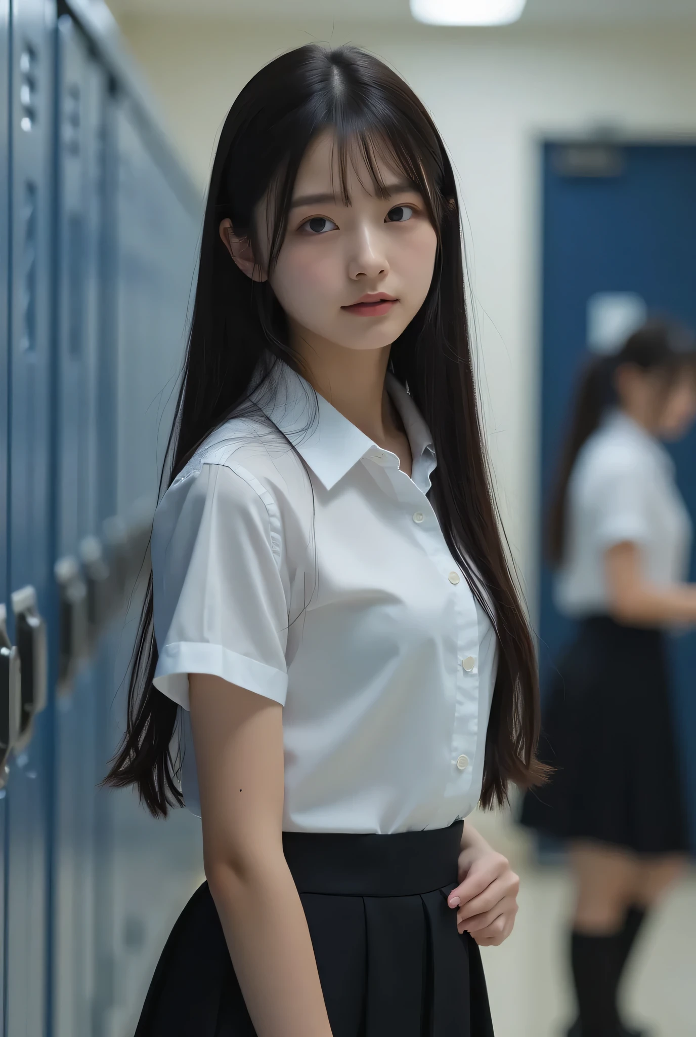 ,,,An exquisite ultra-high-resolution 8K portrait of an 18-year-old Japanese woman with silky, long black hair cascading naturally down her back, captured from a side profile angle in a school changing room. She is dressed in a traditional Japanese school uniform: a white short-sleeved button-up shirt and a black pleated skirt. The camera angle is positioned to the side, emphasizing the length and smoothness of her thighs as she shifts her weight, causing the skirt to ride up slightly. Her pose is relaxed yet poised, with one hand resting on her hip and the other hanging naturally by her side. The lighting is soft and natural, with warm diffused glows highlighting the texture of her uniform and the subtle contours of her thighs. The background features other students in school uniforms and a blue door, blending seamlessly with the changing room atmosphere. The image is a photorealistic masterpiece (1.8), with raw, unprocessed photo quality, enhanced dynamic range, and cinematic depth of field, reflecting the authentic ambiance of a high-school environment. The school uniform, black hair, and lighting details (1.6) are rendered with meticulous care, creating a composition that captures the grace and allure of her form.