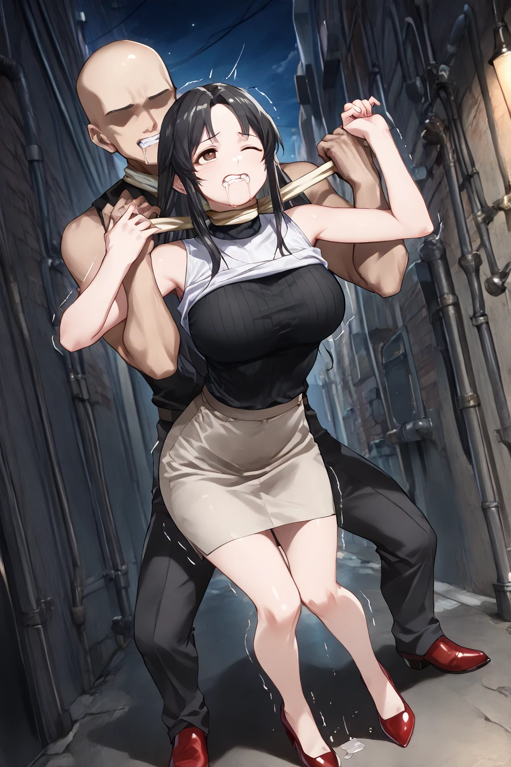 masterpiece, 最high quality, High resolution,  Final Fantasy 7、Tifa Lockhart、Black torn clothes 、Black ripped pantyhose、Dark church at night、sexy、Wearing a mini skirt、Thin legs、Big Breasts、Slim figure、high quality　CG Tone、Torn black panties、Black blindfold、While wriggling the body、trembling、Forceful spurt of clear fluid from the genitals、Intense orgasm moment、panting loudly、Please open your mouth wide、黒いsexyな服、panic、A moment of intense ecstasy、Long black hair、resist、Raped by a bunch of goblins、Sex