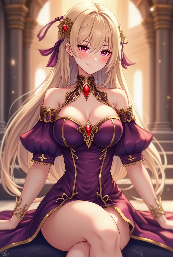 (((Adult woman))), long blonde hair, (Pink eyes), smile, magical wand