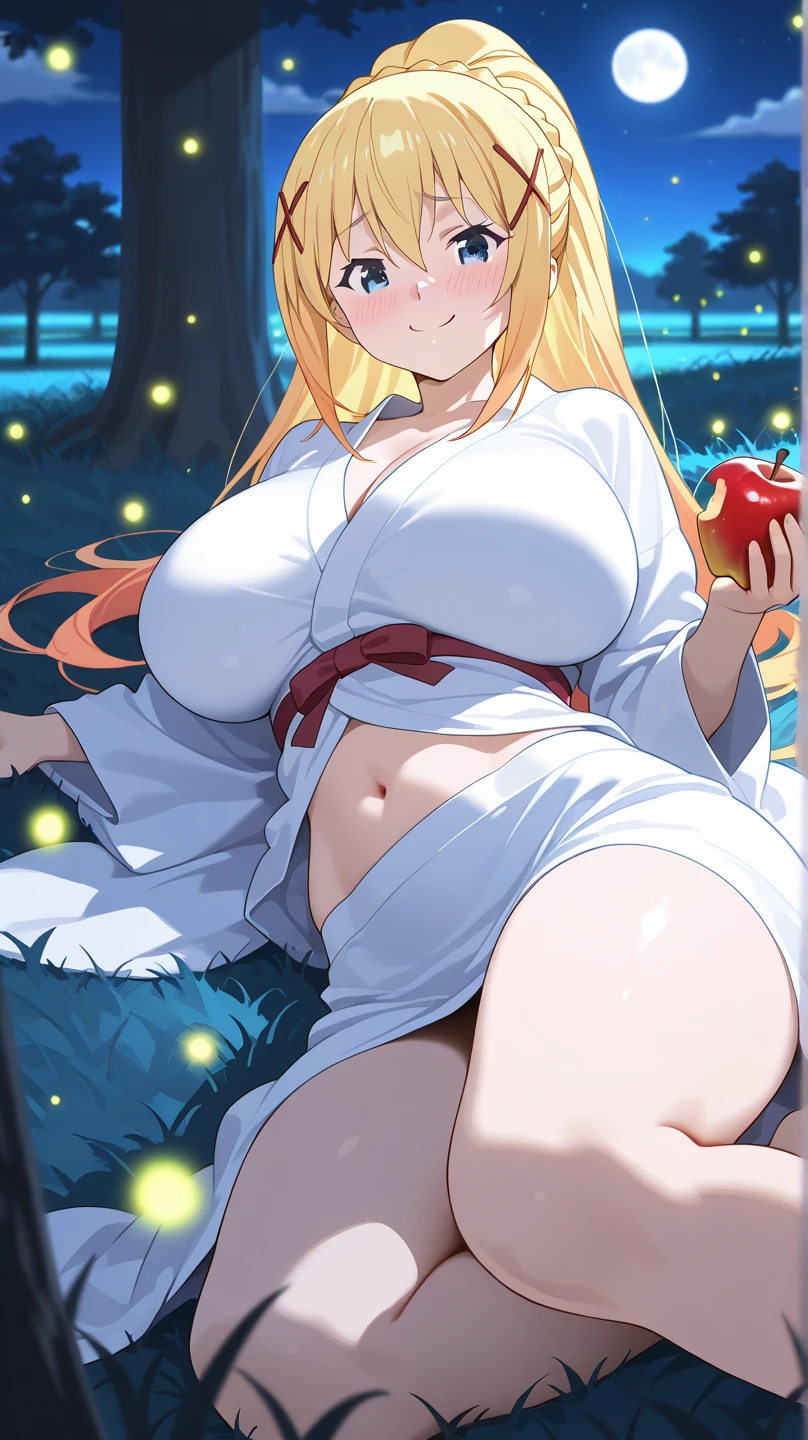 , (masterpiece), (best quality), (ultra-detailed), (extremely detailed cg), (a extremely delicate), (perfect lighting), (8k), (dynamic angle), (sharp image), vibrant colors, female, masterpiece, best quality, depth of field, cinematic lighting, masterpiece, best quality, ultra-detailed, colorful, vibrant, large breasts, thighs, mature female, solo, (masterpiece, best quality, high resolution, animescreencap, anime colored,), (perfect anatomy, beautiful detailed eyes, beautiful detailed body, beautiful breast, shiny skin), a sexy mature anime lady standing naked, japanese festival, night, moon, stars, looking at viewer, blonde hair, red eyes , high ponytail, side bangs, medium breasts, medium chest, outdoors ,stoic expression, arms behind head, show both armpits, pink nipples, overgrown pubic hair, dynamic pose