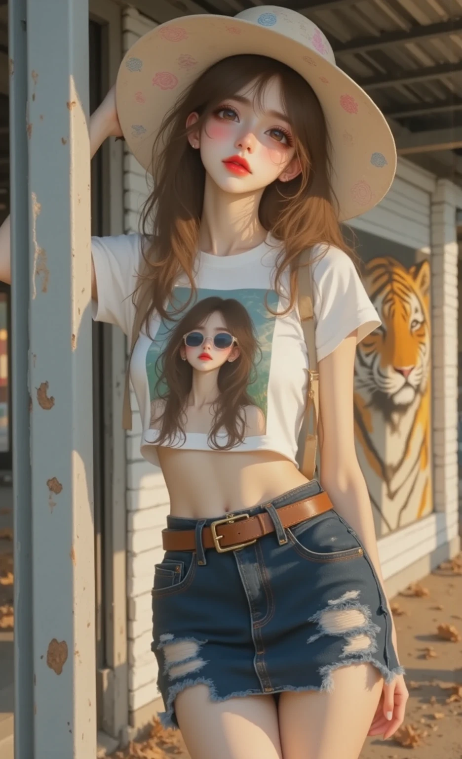 4K, masterpiece, high resolution, absurdity, natural volume lighting and best shadows, deep depth of field, sharp focus, smile, soft and delicate beautiful face, edgAsianc, beautiful woman, oversized t-shirt, off-the-shoulder, belt, skirt, wear edgAsianc, shoot