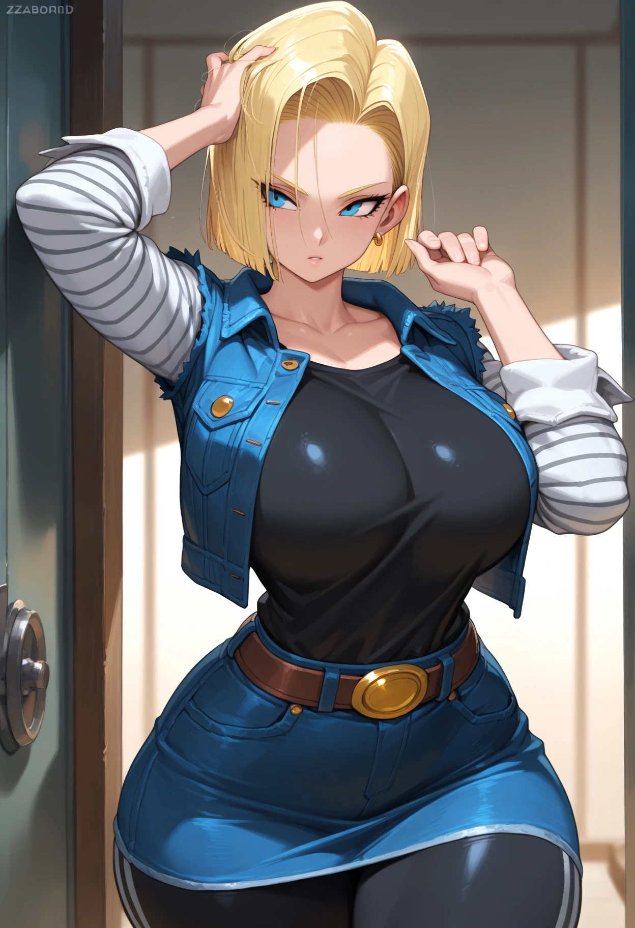 android18, android 18, blonde hair, blue eyes, eyelashes, hoop earrings, short hair, earrings,
BREAK belt, black legwear, black shirt, breast pocket, cleavage, collarbone, denim, denim skirt, high-waist skirt, jewelry, long sleeves, pocket, shirt, shirt tucked in, skirt, striped, striped sleeves, waistcoat,,
BREAK outdoors, city, sky, cloud, sun,
BREAK looking at viewer, (cowboy shot:1.5),
BREAK (masterpiece:1.2), best quality, high resolution, unity 8k wallpaper, (illustration:0.8), (beautiful detailed eyes:1.6), extremely detailed face, perfect lighting, extremely detailed CG, (perfect hands, perfect anatomy),