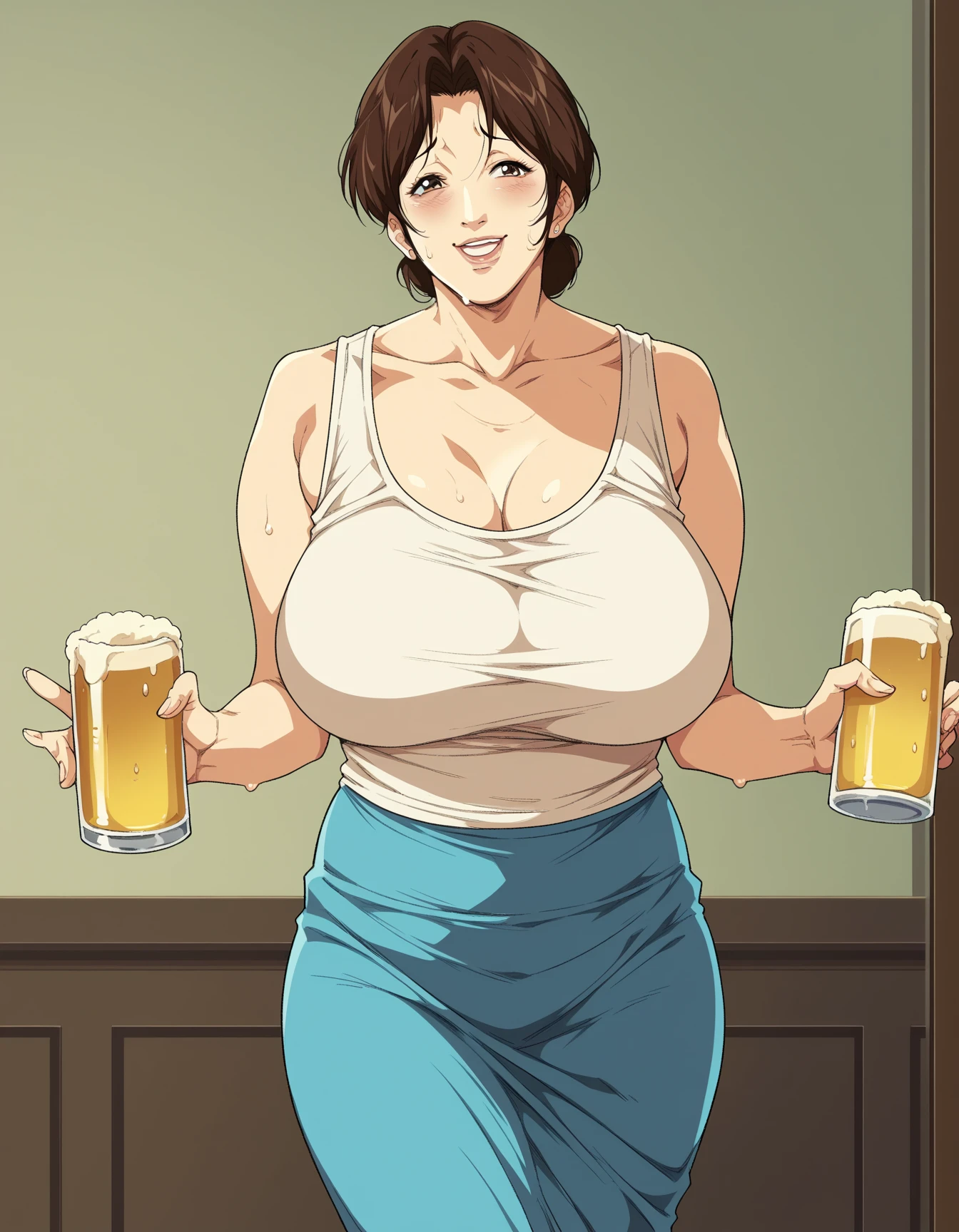 2heads, a chubby woman with two heads. She has enormous breasts. She is dancing in a bar. She is sipping a drink. She is laughing. She looks drunk. She is flirty. She is wearing a low-cut sweater and jeans. She is tugging her shirt to show her breasts. She has enormous boobs. She is chubby. Massive breasts.