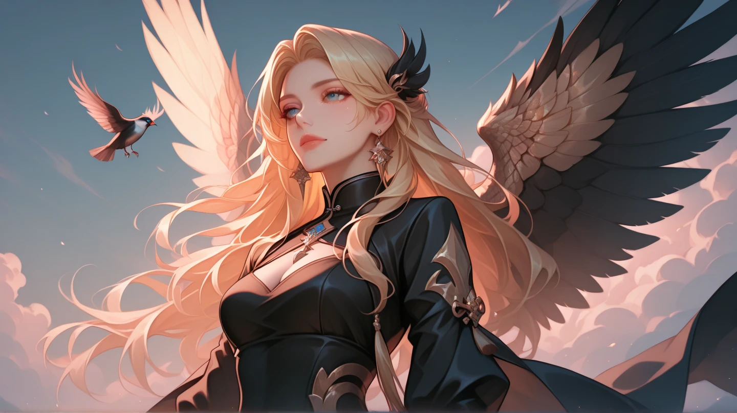 ((raw photo)), ((masterpiece)), anthropomorphic humanoid AngelGirl wearing nun's armor, intricate detail, futobot, intricate Greebles pieces, sea behind, yellow wings, beautiful, detailed eyes and lips