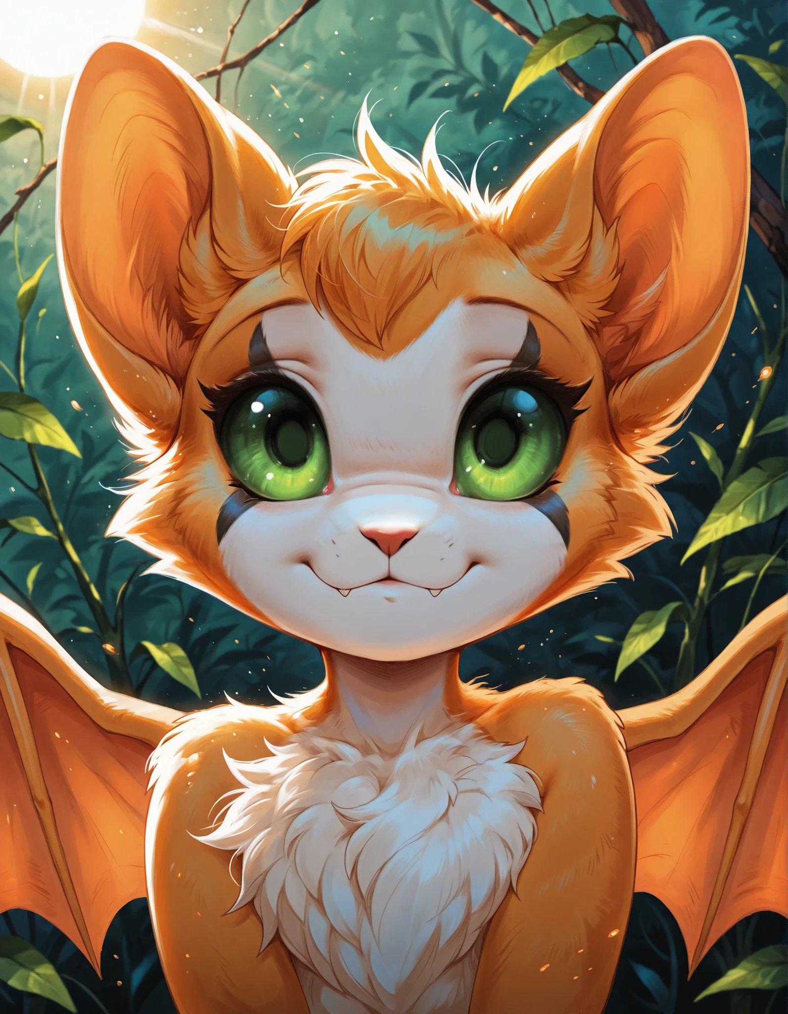 venison style,, masterpiece, best quality, very aesthetic, 1girl,, solo, furry, fidget \(elysian tail\), nimbat, fidget_daet, anthro, furry female, wings, tail, green eyes, colored sclera, bat wings, facial markings, orange fur, white fur, two-tone fur,membranous wings, fluffy, portrait, big eyes, young, BREAK, masterpiece, best quality, high quality, particles effect, [:by Desubox:0.15], [:by Anchee, by Snowskau:0.55], detailed background, detailed foreground, silhouette, depth of field, backlighting, plant, nude,