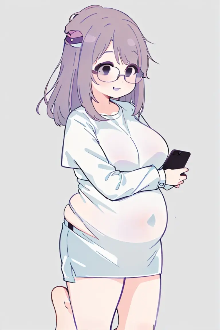 A woman wearing a short skirt is holding a cell phone, Tsk tsk, She has a jiggly, fat, round belly, , brother, big tummy, her belly is fat and round, Fat Chan, thick body, Tsk tsk build, (SFW) safe for work, brother proportions, Short full-length portrait!,,(big bust:1.5), (Black eyes with a slight purple tint:1.5), (Very white and long hair with a bluish tint, weak perm:1.5), (white sleeves wrapped around arms, oversized white shirt, oversized white shirt:1.5), (bare foot, round-rimmed glasses:1.5), (Belly Fat, muffin top, plump:1.5), (smiling faintly:1.5),(beautiful hands:1.5)