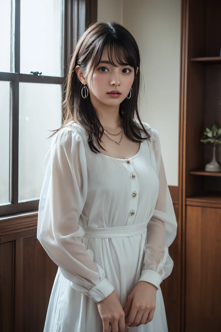 (Highest quality:1.4),(masterpiece:1.4),(Realistic:1.4),(Realistic:1.2),(超High resolution, RAW Photos:1.4),(High resolution, Ultra-detailed:1.2),(8k:1.2),View your viewers,Cinematic photography,One girl,skeletally correct,Black-haired woman,Woman in her early 20s,(Small earrings,necklace,Metallic Dresses),(Western-style building interior,Dimly lit room,The lamplight shines on my cheeks)