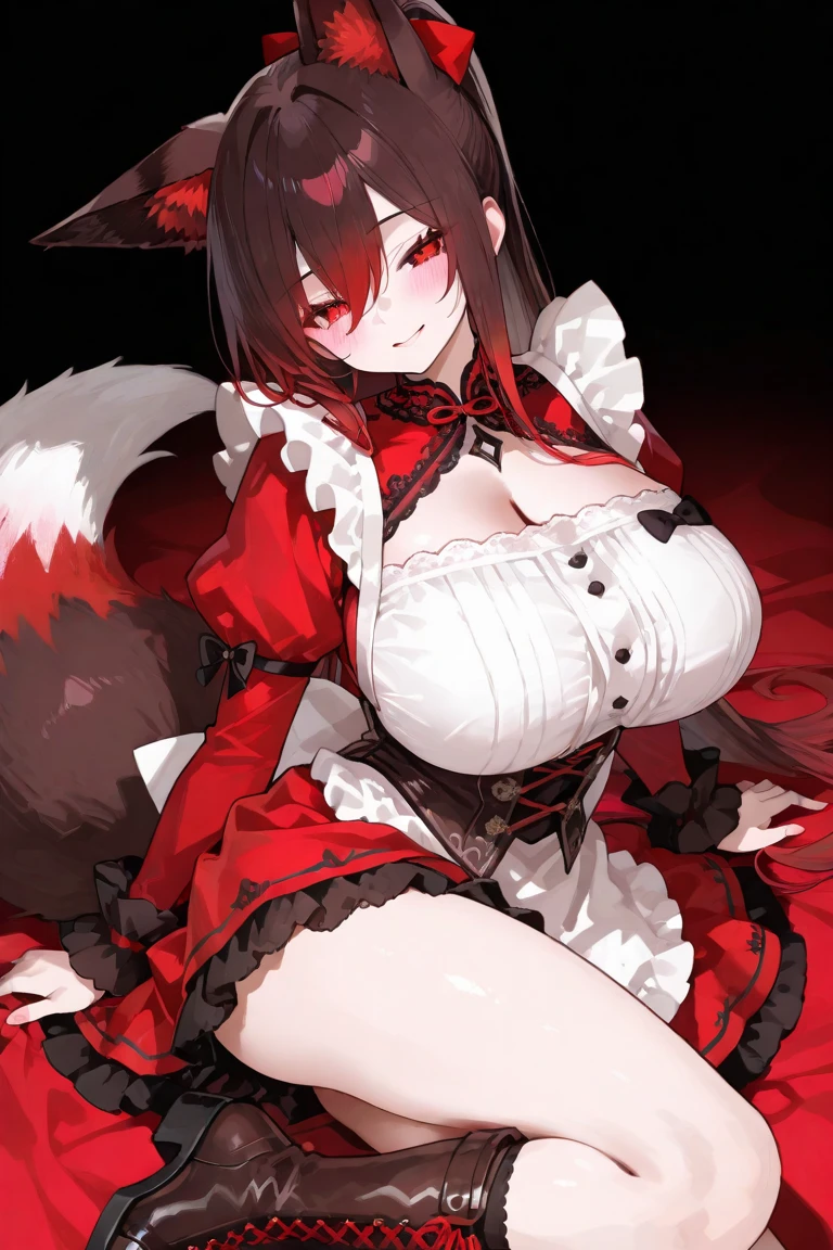 "Korean model with big, perky breasts dressed sexy as Red Riding Hood in the forest."