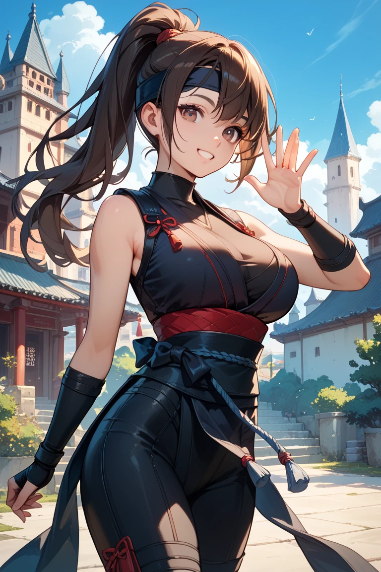 Busty woman, large chest, ponytail , blue ribbon, brown eyes, long hair, black hair,
Standing in a kung fu pose, alone , Upper body,
hip,
cowboy shot,
Light pink Chinese dress, Pink obi, super mini skirt, sleeveless, white panties、
blue sky, cloudy, evening,
(very detailed, beautiful and detailed face, masterpiece, highest quality