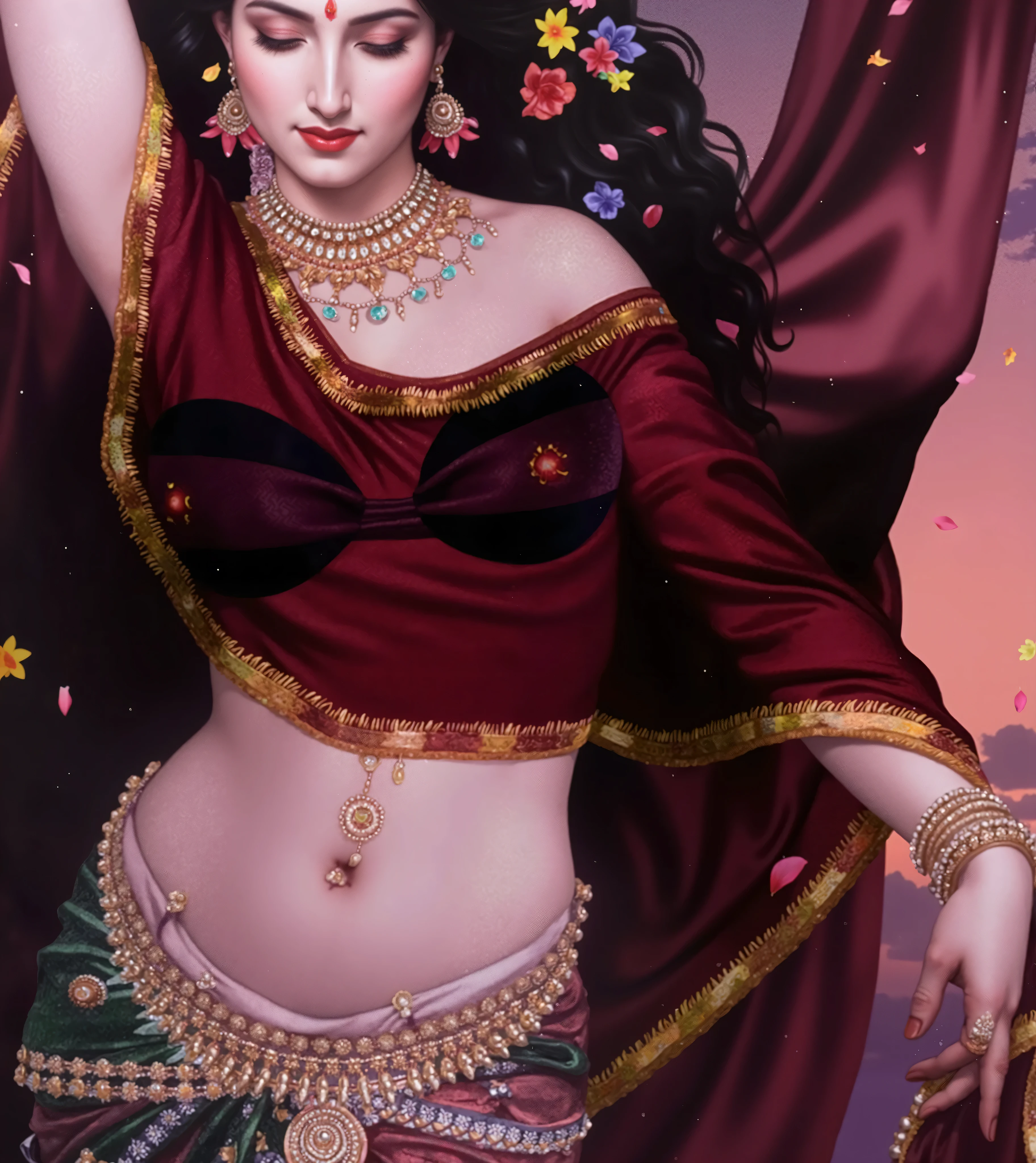 A beautiful Indian woman depicted in a classical yet sensual pose, inspired by Raja Ravi Varma's aesthetics blended with digital realism. She raises one arm gracefully above her head, her expression serene and divine, eyes closed in blissful elegance. Her long, dark wavy hair cascades behind her, adorned with colorful fresh flowers—roses, lilies, and marigolds. She wears a deep wine-colored, semi-transparent silk blouse (choli), artfully draped to reveal a richly embroidered green and maroon traditional bra with golden chains delicately hanging down. The blouse is tight-fitting, textured with intricate gold threadwork above the blouse a transparent fabric covering her chest. Her skin glows with a soft, luminous sheen, delicately decorated with fine, henna-like shimmer patterns on her belly and arms. She wears elaborate South Indian temple jewelry: layered golden necklaces with intricate filigree, large circular earrings, a nath (nose ring), armlets, and bangles. A thin gold kamarbandh (waist chain) encircles her bare waist. The lower part of her saree, in muted teal and gold brocade, flows gracefully off-frame. The background is a romantic twilight gradient of dusky pinks and purples, with flowing maroon fabric and scattered flower petals suspended in air, creating a dreamy, ethereal ambiance