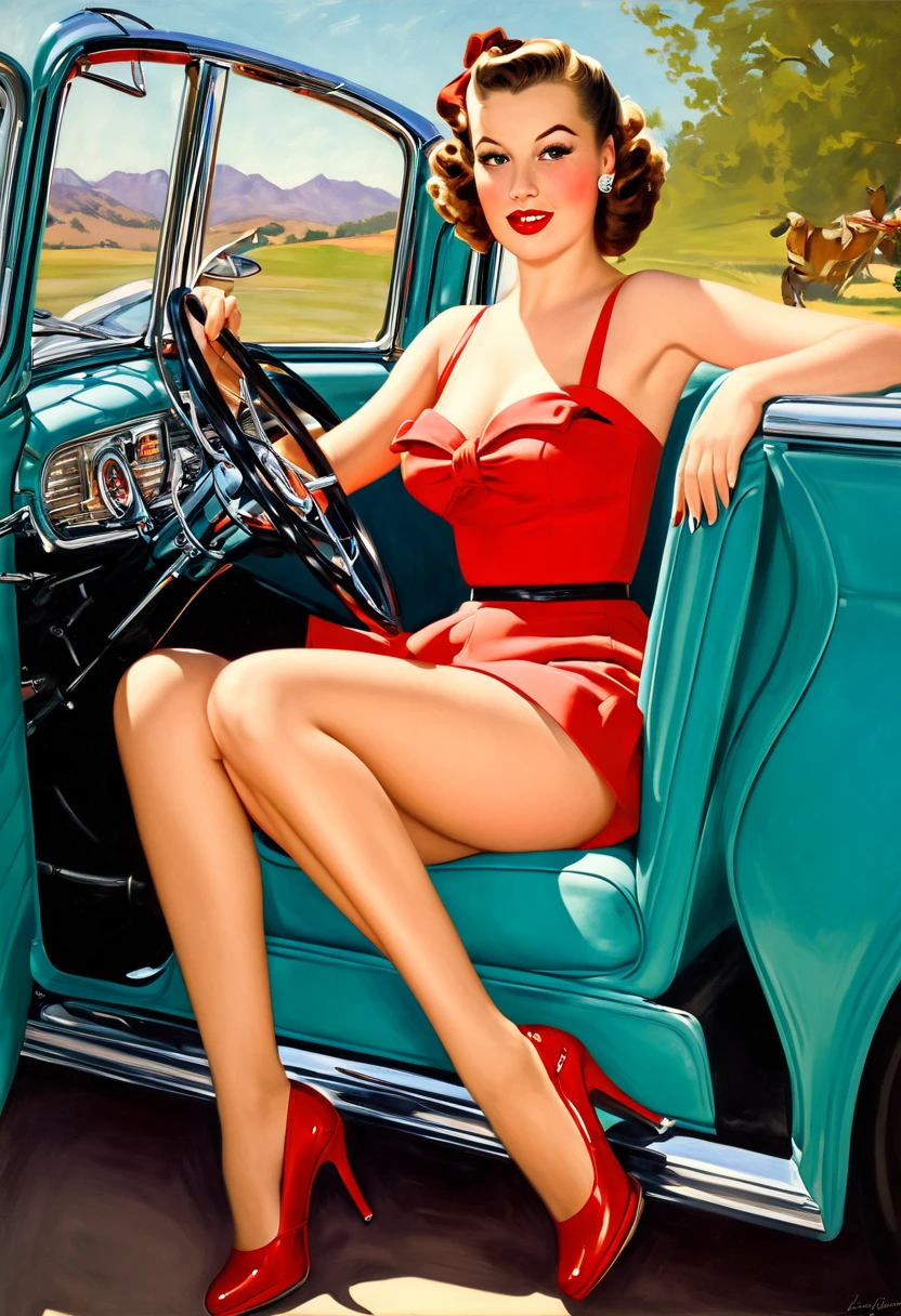 A watercolor pin up painting of a stunning beautiful girl, sitting on the hood of a vintage Hudson Hornet car . from the 1950s. ((1 girl , Alone)), ((1 people)) long curvy hair and wearing a tight red dress ,with white polka dots on her dress, , sunglasses perched on his head. The general mood of the image should be glamorous, funny, and adventure. Masterpiece pin up art by Girl Elvgren.