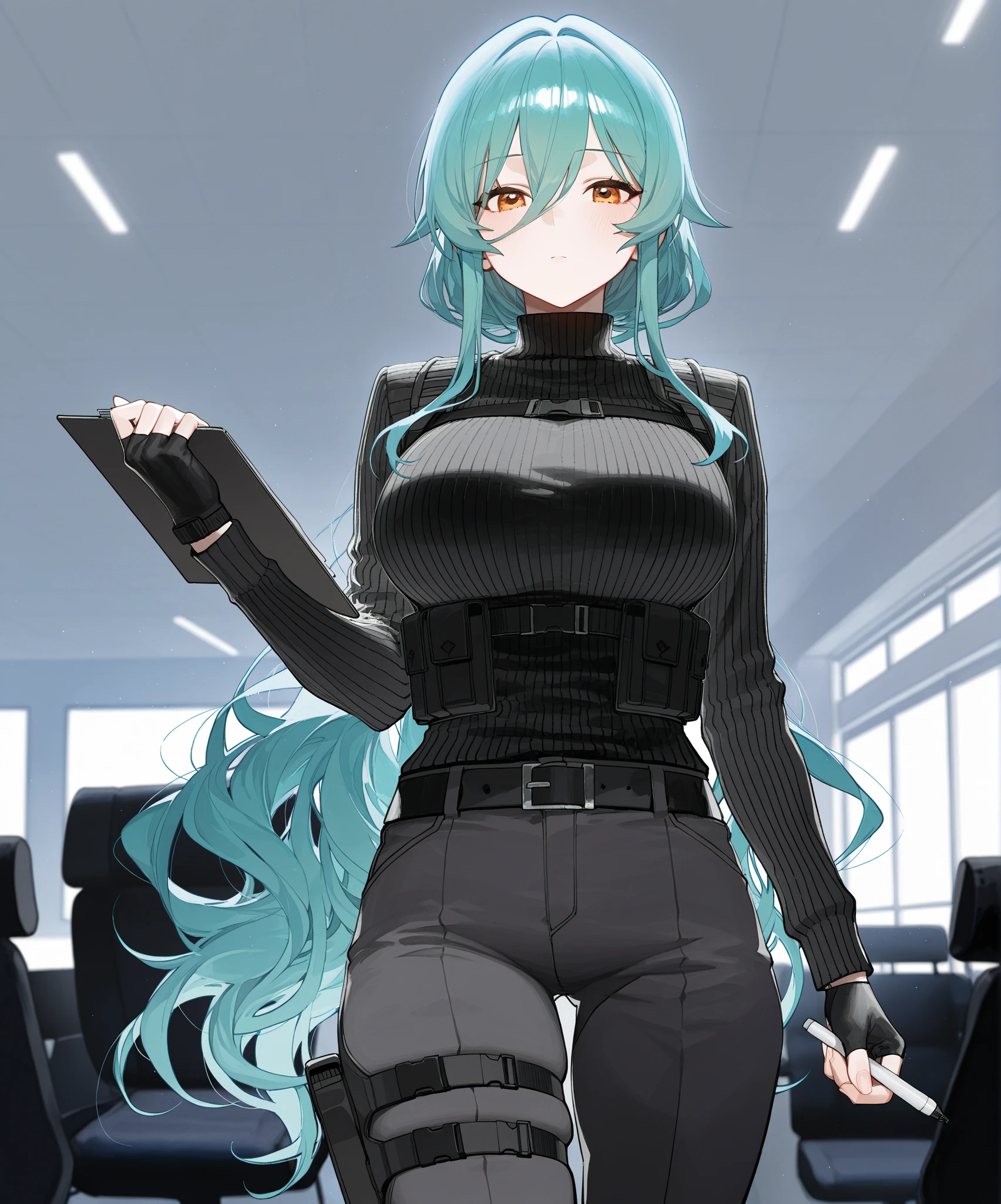 Girl,green hair, black eyes, long hair, beautiful,shy, eye glasses,blue shirt, laboratory coat,pencil skirt,black skirt,Master piece, (best quality), perfect eyes, bound, bondage, (arms behind back:1.4), bdsm, tape gag, tape, tape bondage, close-up, restrained, standing ,best anatomy, upper body, thigh, gigantic breast ,