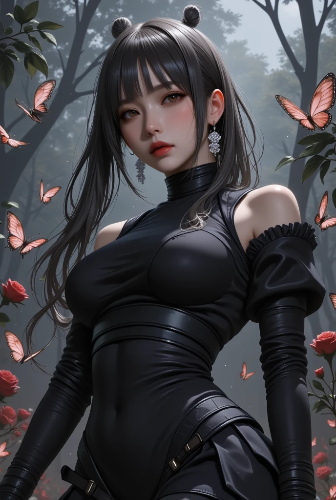 yorha no. 2 type b, 1girl in, Black cloth covers the eyes, , cleavage, cleavage cutout, Clothing cutting, Green background, hair between eye, shairband, A high resolution, Juliet sleeves, Long sleeves, Puffy sleeves, Red lips, shaded face, Short hair, Solo, high-necked, Upper body, White hair, Background forest　废墟　knifes
