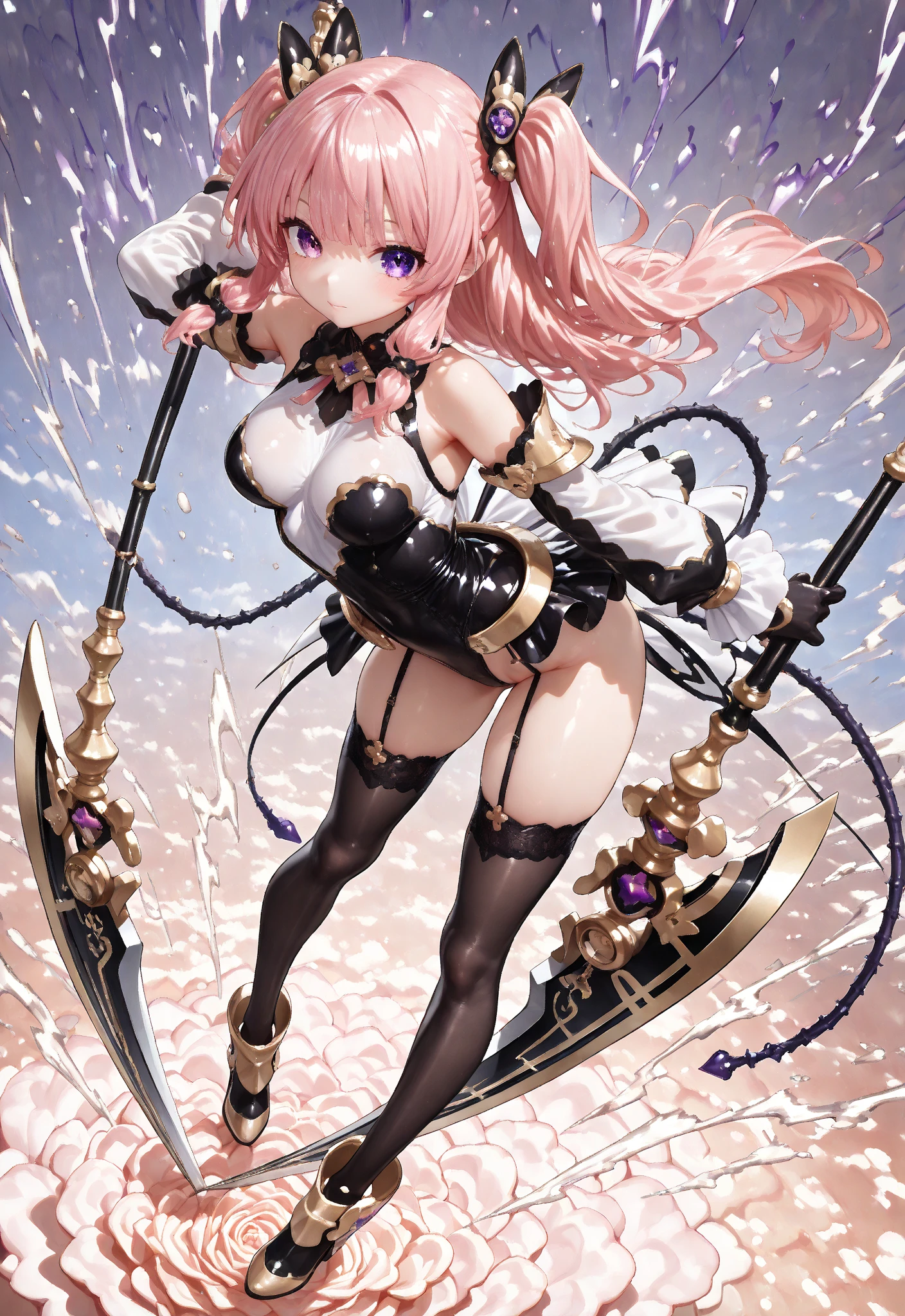 (HD, Sharp), 1 girl, Super Glossy Skin, (pink and white) underwear, Big breast, closed eyes, :o, knock back, torn clothes, sweetlip, black outfit, navel, white thighhighs, gloves, lightning, headback, tongue out