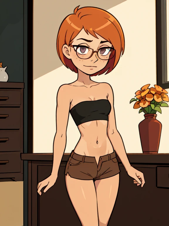 Really embarrassed tomboy thin girl, with short gray curly hair, brown skin and glasses, in sexy brown bokoni, full body, ashamed pose